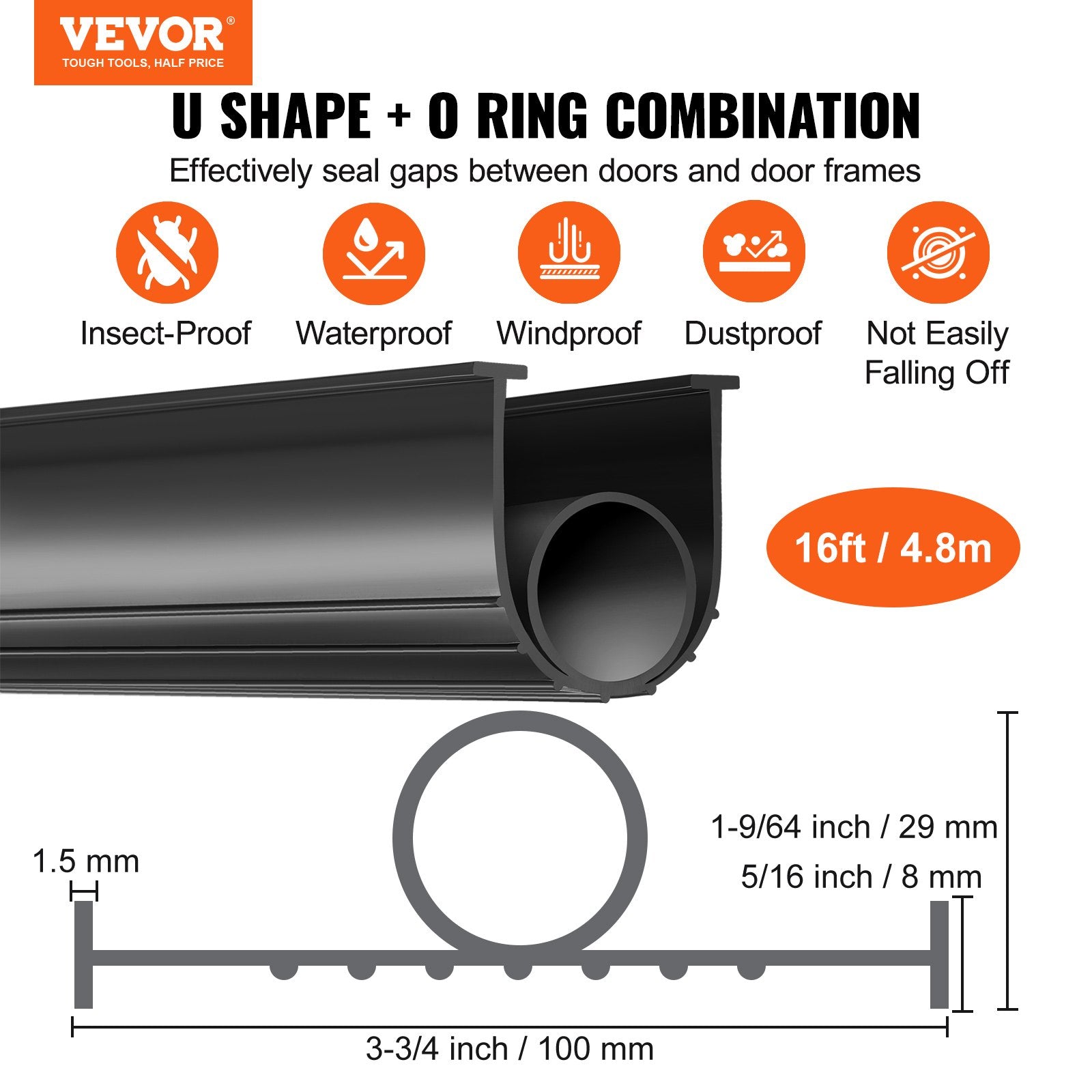 Garage Door Seals Bottom Rubber, U Shape +O Ring Combination Garage Door Bottom Weather Seal, 16ft V952-JLMMMFT16FTWFBO5UV0