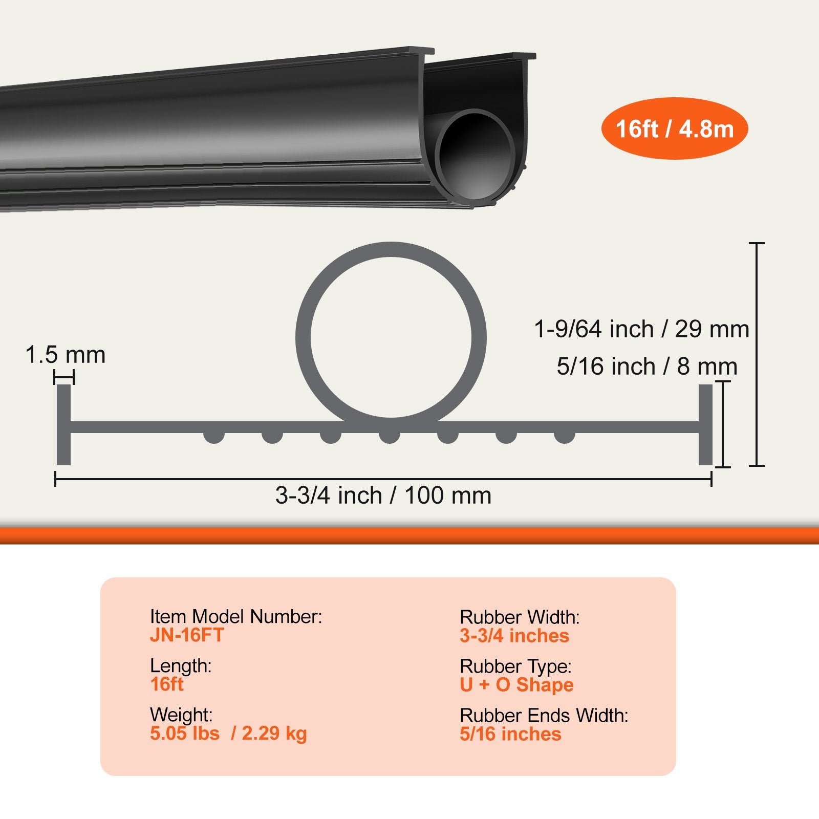 Garage Door Seals Bottom Rubber, U Shape +O Ring Combination Garage Door Bottom Weather Seal, 16ft V952-JLMMMFT16FTWFBO5UV0