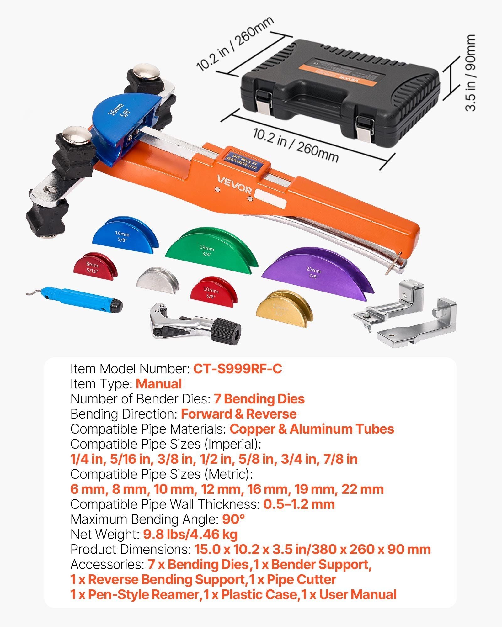 Tubing Bender Kit, 6 mm to 22 mm, Compact Ratcheting Tube Pipe Bender, Forward/Reverse Hand Bending Tool, V952-JLSDWGJJXKZFN75AS001V0