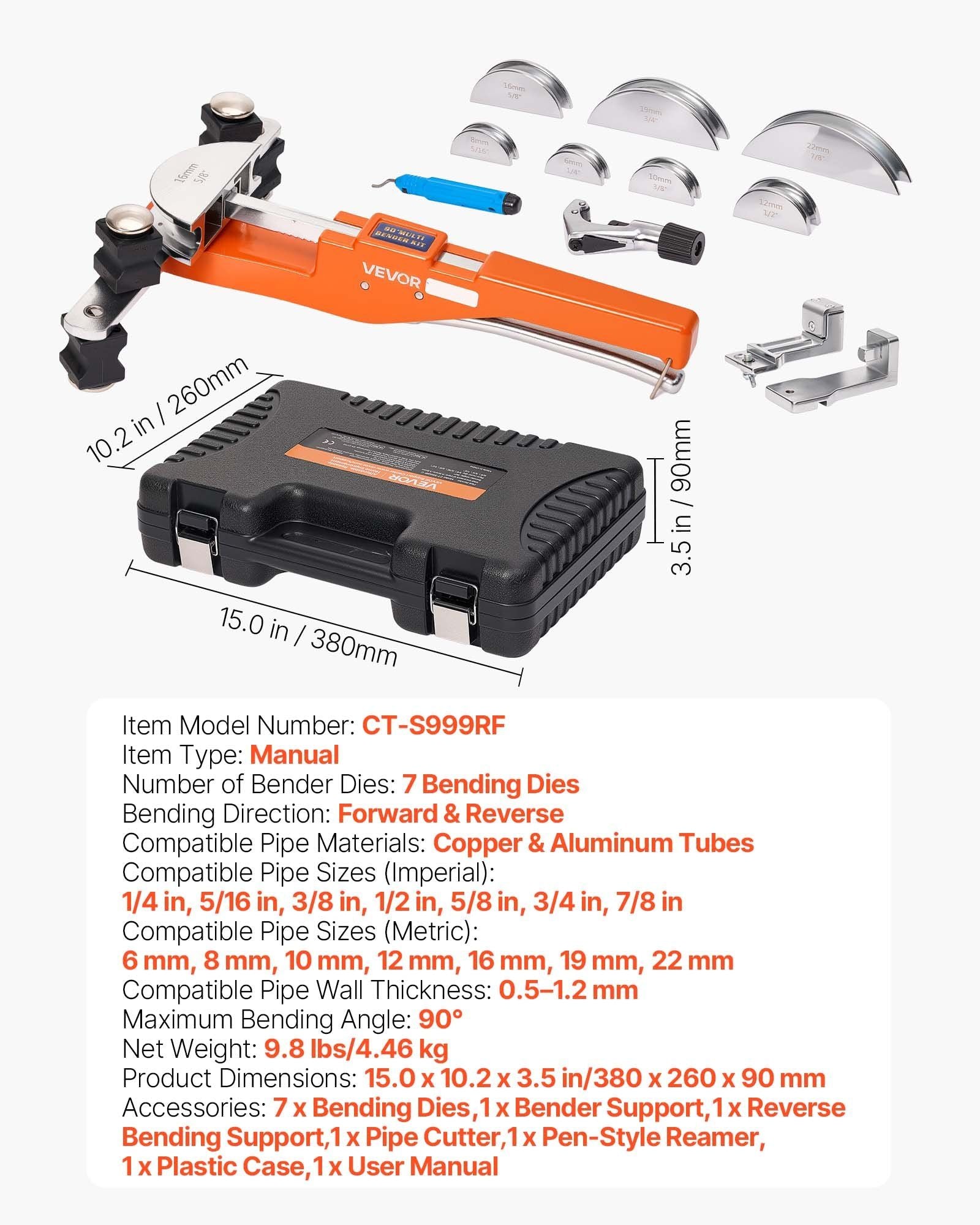 Tubing Bender Kit, 6 mm to 22 mm, Compact Ratcheting Tube Pipe Bender, Forward/Reverse Hand Bending Tool, V952-JLSDWGJJXKZFS7BA2001V0