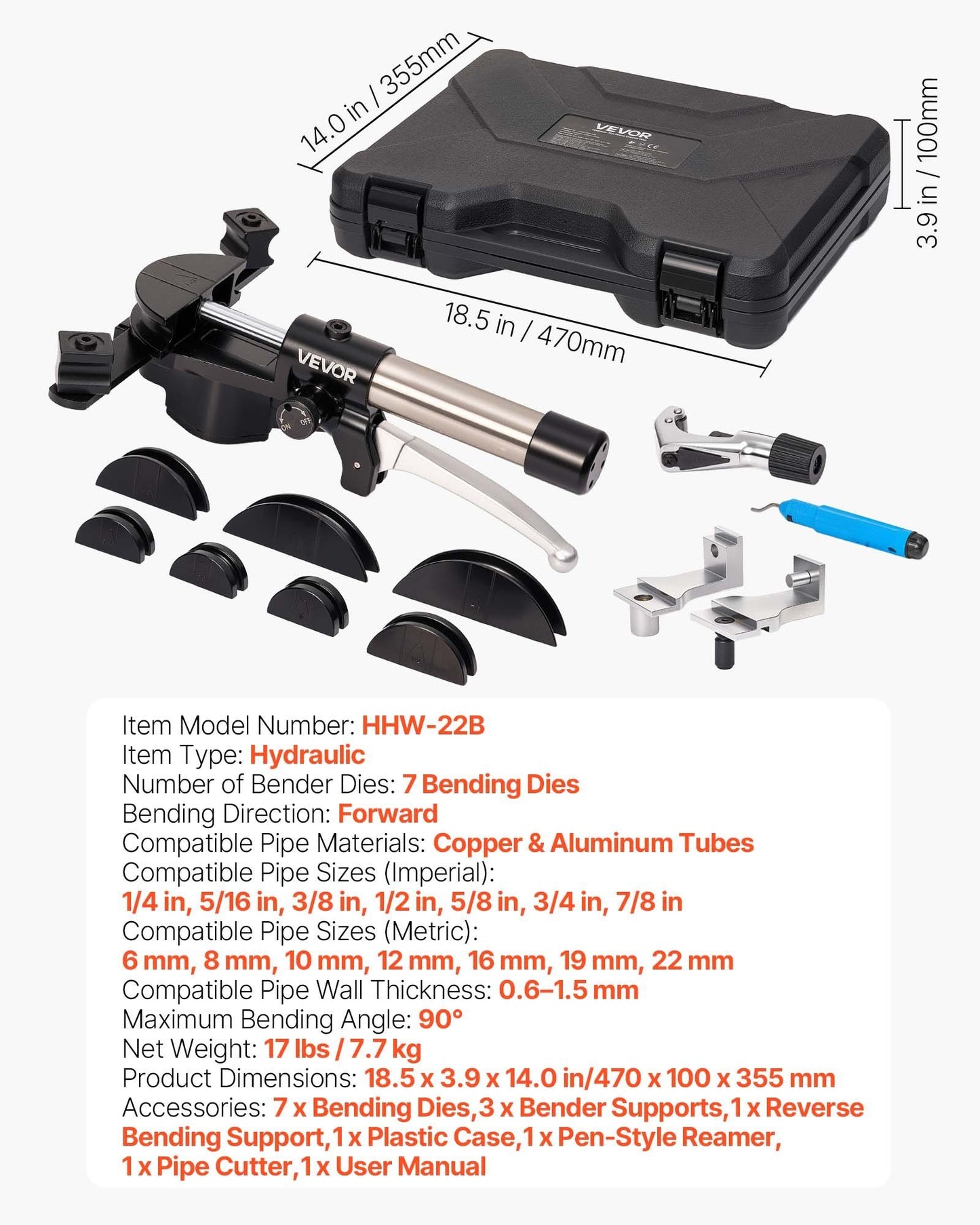 Hydraulic Tubing Bender Kit, 6 mm to 22 mm, Copper Tube Pipe Bender, Forward/Reverse HVAC Bending Tool Set, V952-JLSDWGJYYKZFV5GBE001V0