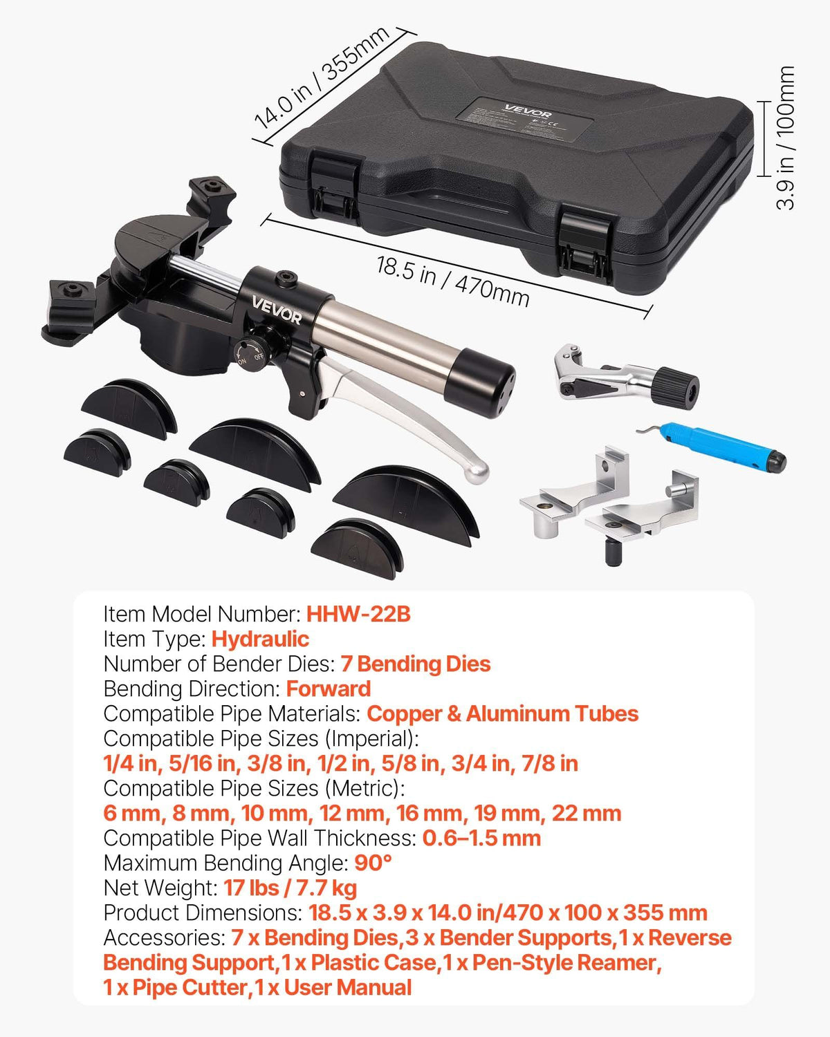Hydraulic Tubing Bender Kit, 6 mm to 22 mm, Copper Tube Pipe Bender, Forward/Reverse HVAC Bending Tool Set, V952-JLSDWGJYYKZFV5GBE001V0