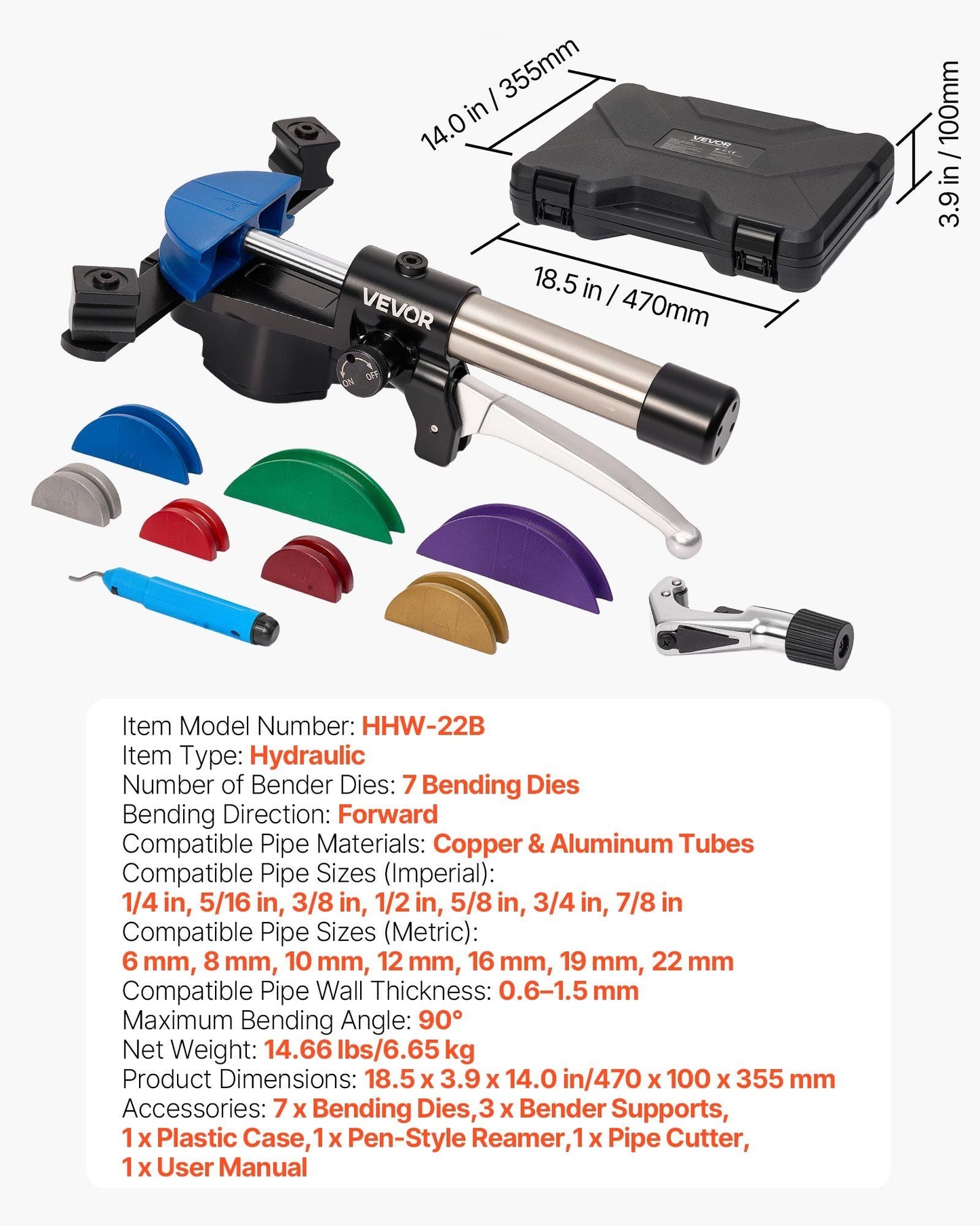 Hydraulic Tubing Bender Kit, 6 mm to 22 mm, Copper Tube Pipe Bender, HVAC Bending Tool Set, 90 degrees Bend, V952-JLSDWGJYYKZXHL1PQ001V0