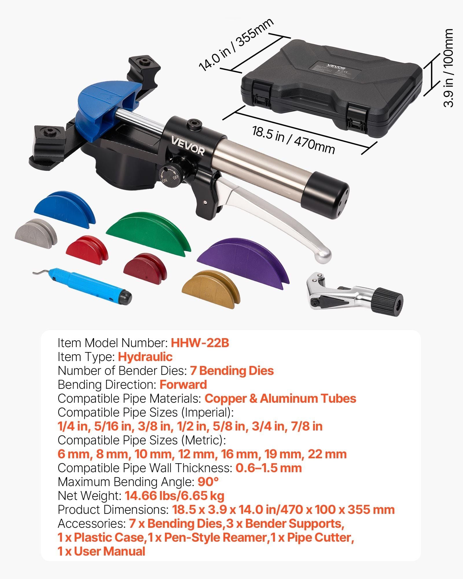 Hydraulic Tubing Bender Kit, 6 mm to 22 mm, Copper Tube Pipe Bender, HVAC Bending Tool Set, 90 degrees Bend, V952-JLSDWGJYYKZXHL1PQ001V0