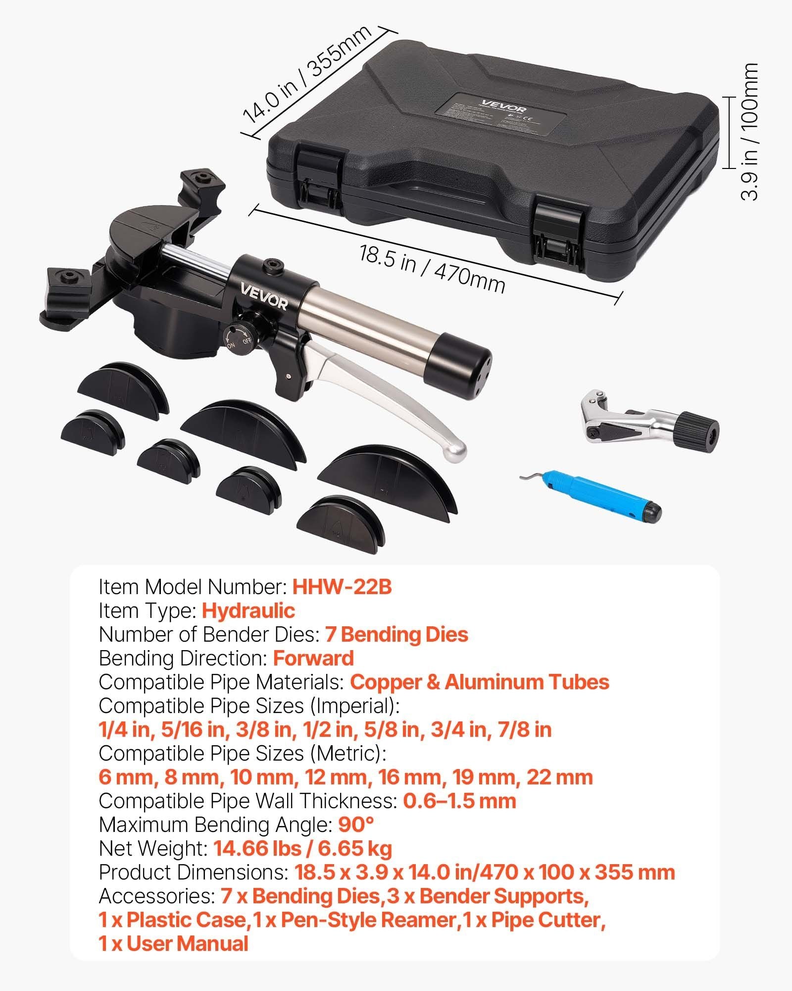 Hydraulic Tubing Bender Kit, 6 mm to 22 mm, Copper Tube Pipe Bender, HVAC Bending Tool Set, 90 degrees Bend, V952-JLSDWGJYYKZXRKMPF001V0