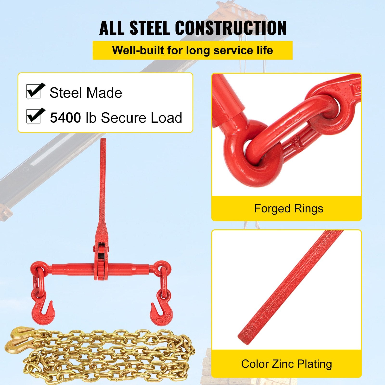 Chain Load Binder, 8 mm Tie Down Kit with 3 Ton Working Load Capacity and Two Grab Hooks, Includes (4) V952-JLSJSJYCLTJTBZX6EV0