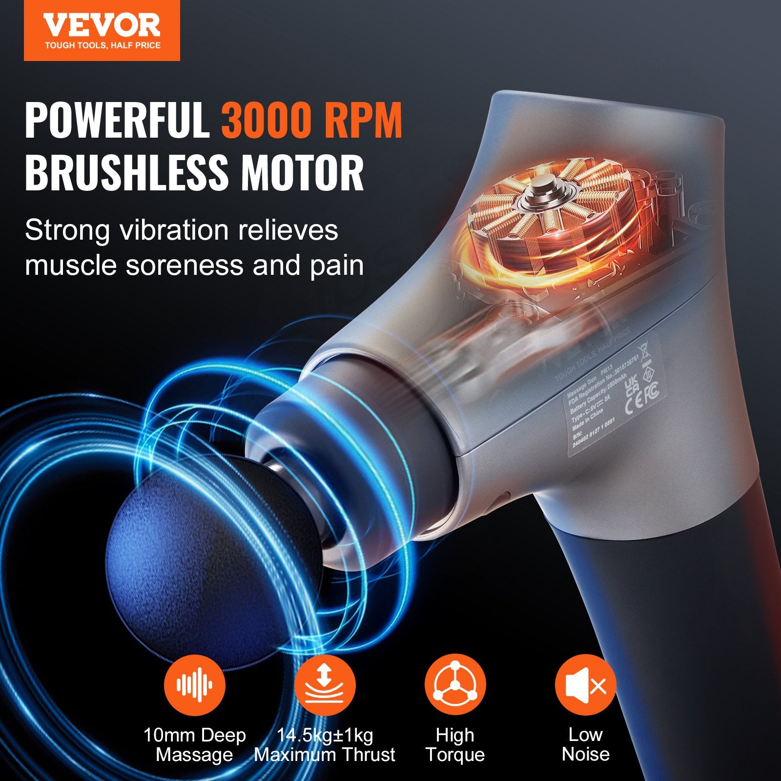 Massage Gun Deep Tissue, Percussion Muscle Massager for Athletes - with 6 Speed Levels & 4 Massage Heads, 12V V952-JMQ3200RPMXX3S7QDV9