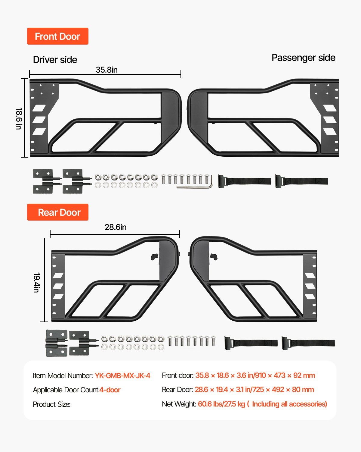 Jeep Tube Doors, 4-Door, Adventure Style Jeep Tubular Door with Heavy-Duty Hinges & OE Latch, Jeep Doors with V952-JPCGM4M0718JCFINCV0