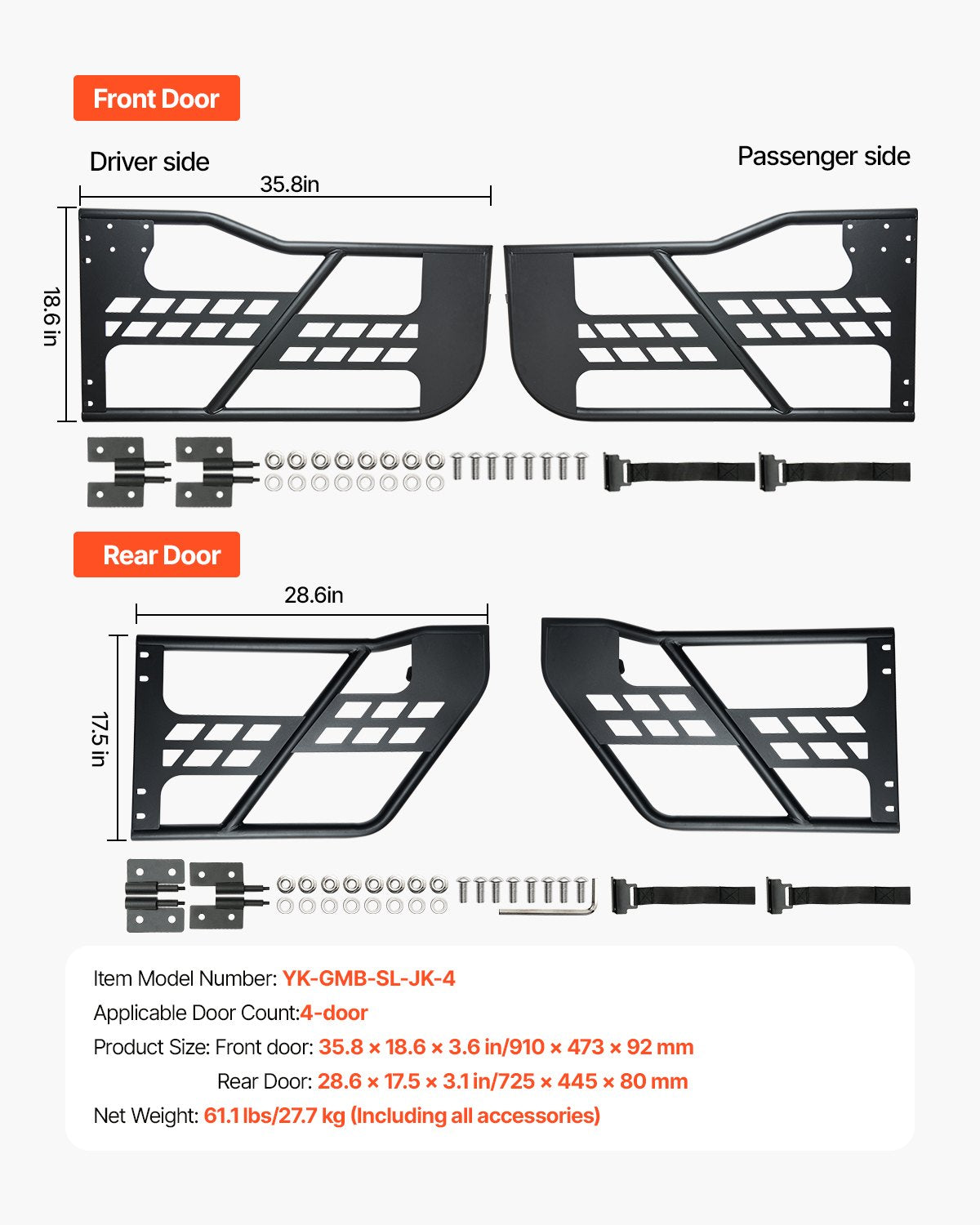 Jeep Tube Doors, 4-Door, Hunting Style Jeep Tubular Door with Heavy-Duty Hinges & OE Latch, Jeep Doors with V952-JPCGM4M0718JHPWJ8V0