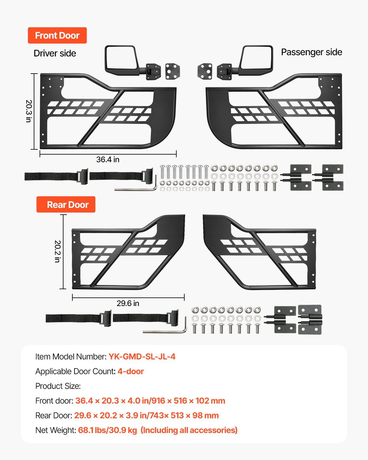 Jeep Tube Doors, 4-Door, Hunting Style Jeep Tubular Door with DOT Certified Rear View Mirrors, Jeep Doors V952-JPCGM4M1824JEOK0NV0