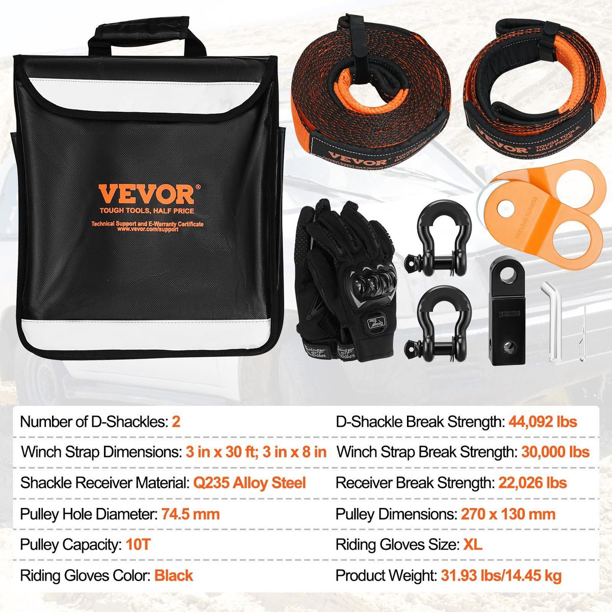 Off-Road Recovery Kit, 7.6 x 914.4 cm, Heavy Duty Winch Recovery Kit with 13608 kg Tow Straps, 20T D-Ring V952-JPJYGJB8J000SBO12V0