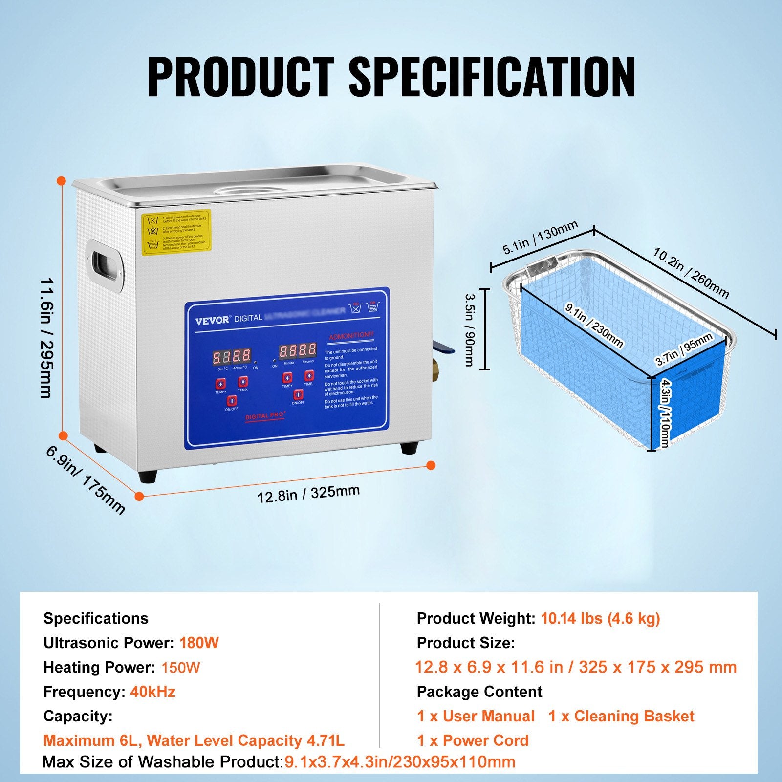 Brand New 6 Liter Stainless Steel Digital Ultrasonic Cleaner w/ Bracket & Drainage System V952-JPS-30ACSBQXJ0001V3