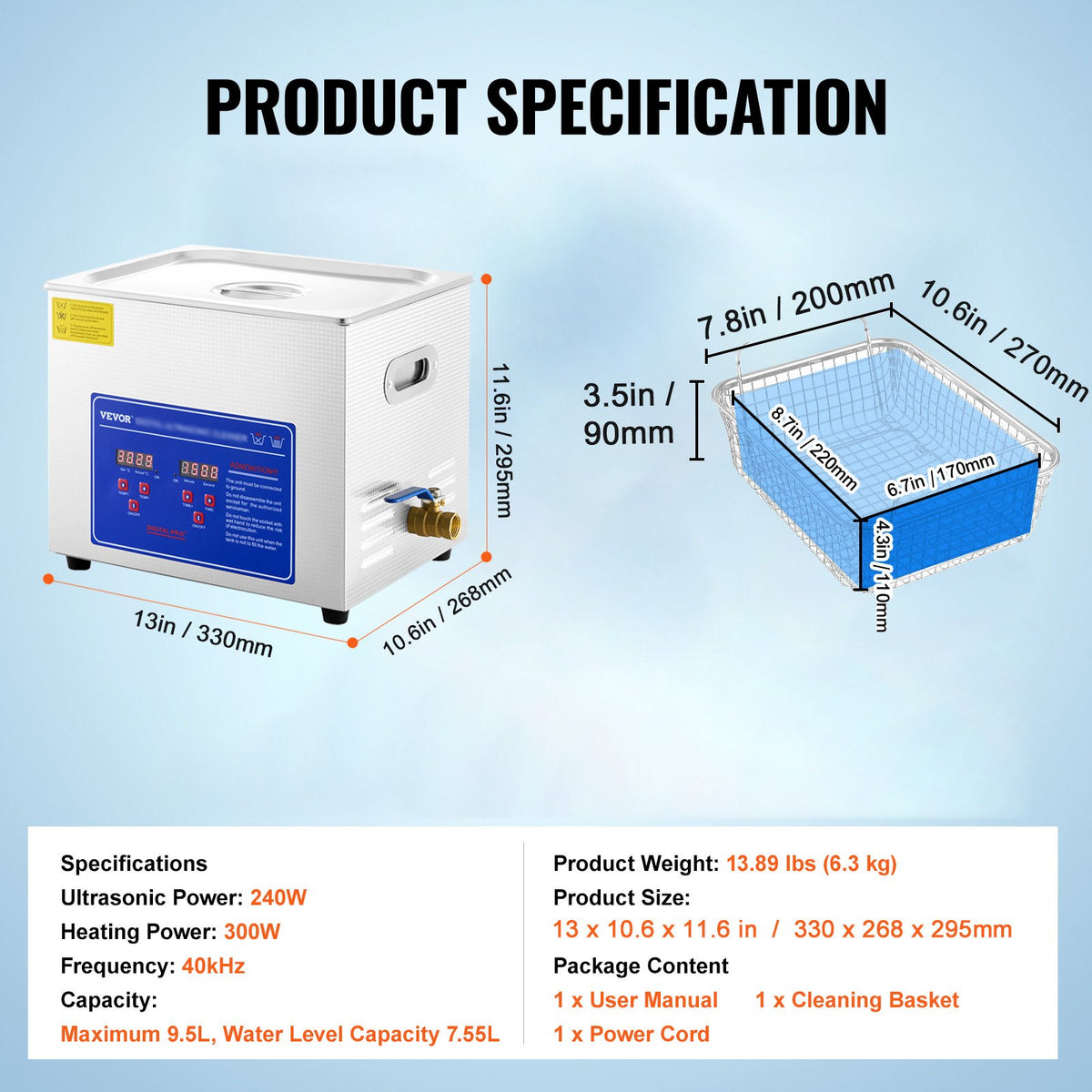 Ultrasonic Cleaner 10L Jewelry Cleaning with Digital Timer Ultrasonic Cleaning Machine for Jewellery Rings V952-JPS-40ACSBQXJ0001V3