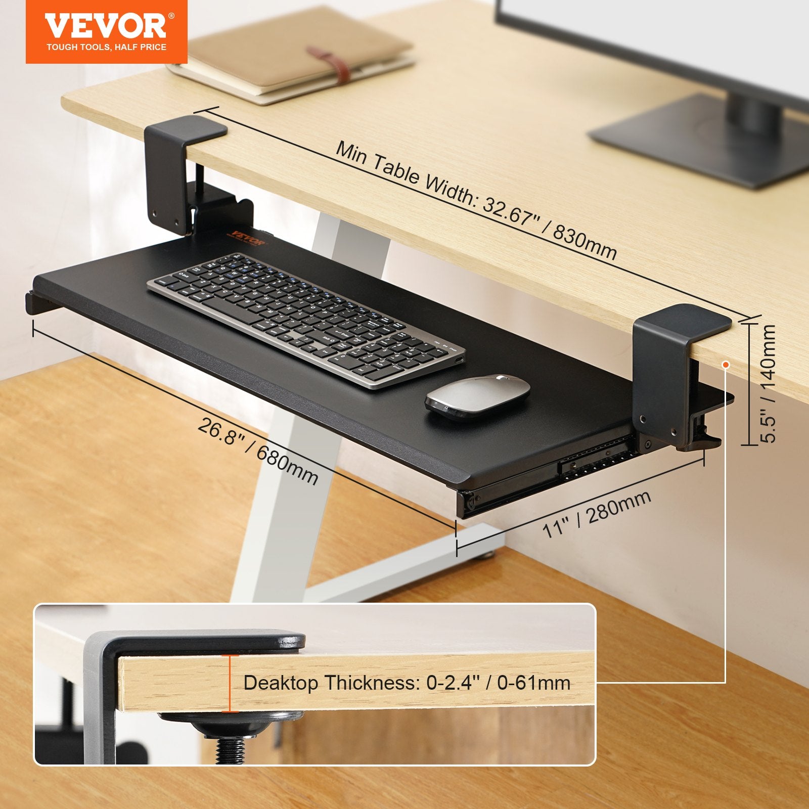 Clamp on Keyboard Tray Under Desk, Desk Keyboard Tray Slide out with Sturdy No-drill C Clamp Mount, Large V952-JPTPMDF00000QA5K5V0