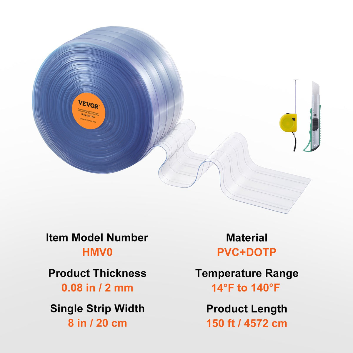 Strip Curtain, 4572 cm Length x 20 cm Width x 2 mm Thickness, Clear Ribbed PVC Curtain Strip Door Bulk Roll, V952-JPVC150X81PCS0RHMV0