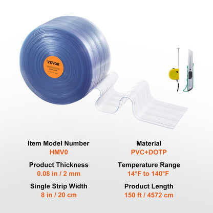 Strip Curtain, 4572 cm Length x 20 cm Width x 2 mm Thickness, Clear Ribbed PVC Curtain Strip Door Bulk Roll, V952-JPVC150X81PCS0RHMV0
