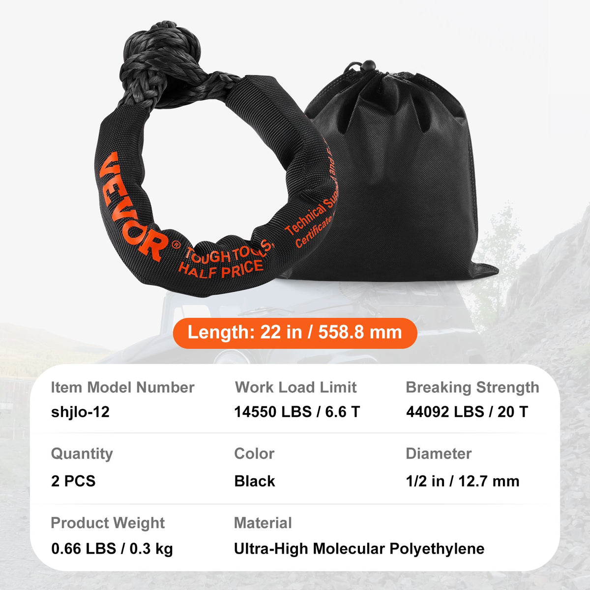 Synthetic Soft Shackle Rope, 2 Pack 12.7 x 558.8 mm 20 Ton Breaking Strength, Recovery Tow Shackles with V952-JPXKHSHCS12YQ7UTIV0