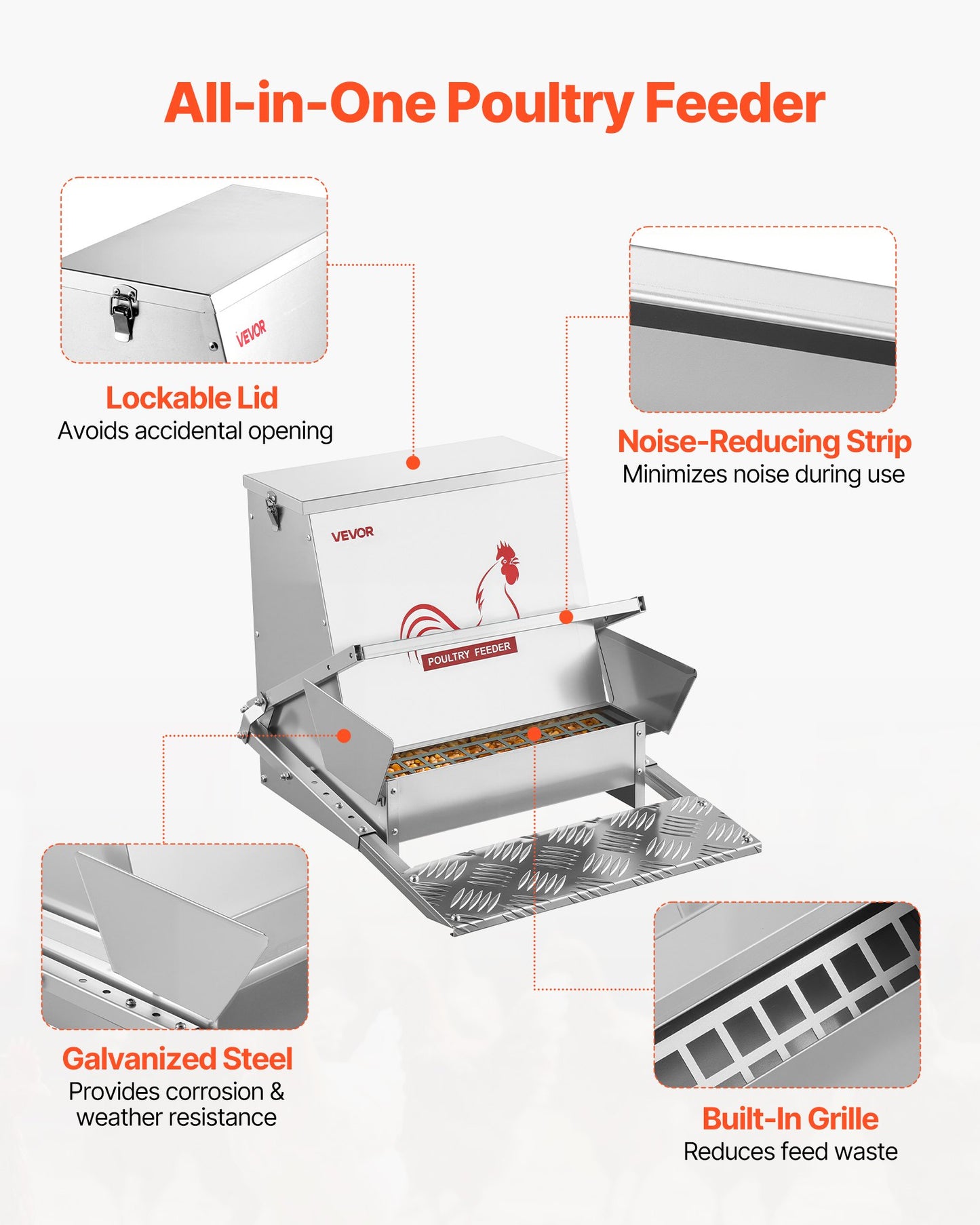 Automatic Chicken Feeder, 18.14 kg Capacity, Rainproof Treadle Poultry Feeder with Lockable Lid, No Waste, V952-JQWLQ40LBSZDYWBXU001V0