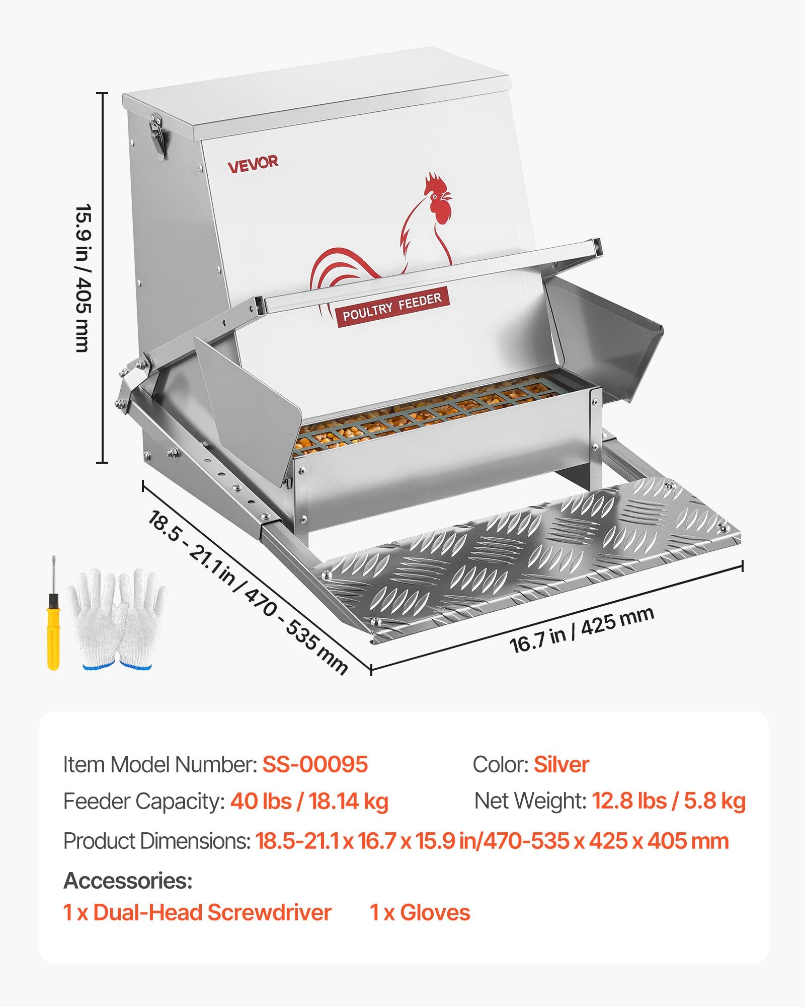 Automatic Chicken Feeder, 18.14 kg Capacity, Rainproof Treadle Poultry Feeder with Lockable Lid, No Waste, V952-JQWLQ40LBSZDYWBXU001V0