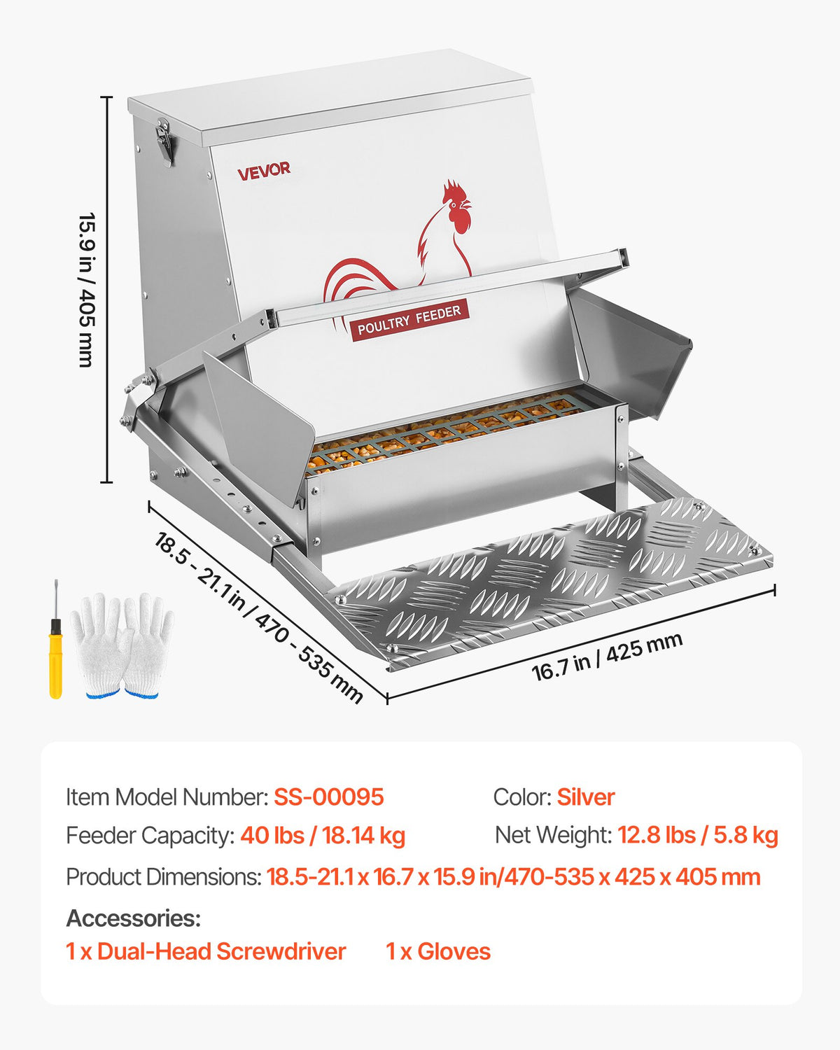 Automatic Chicken Feeder, 18.14 kg Capacity, Rainproof Treadle Poultry Feeder with Lockable Lid, No Waste, V952-JQWLQ40LBSZDYWBXU001V0