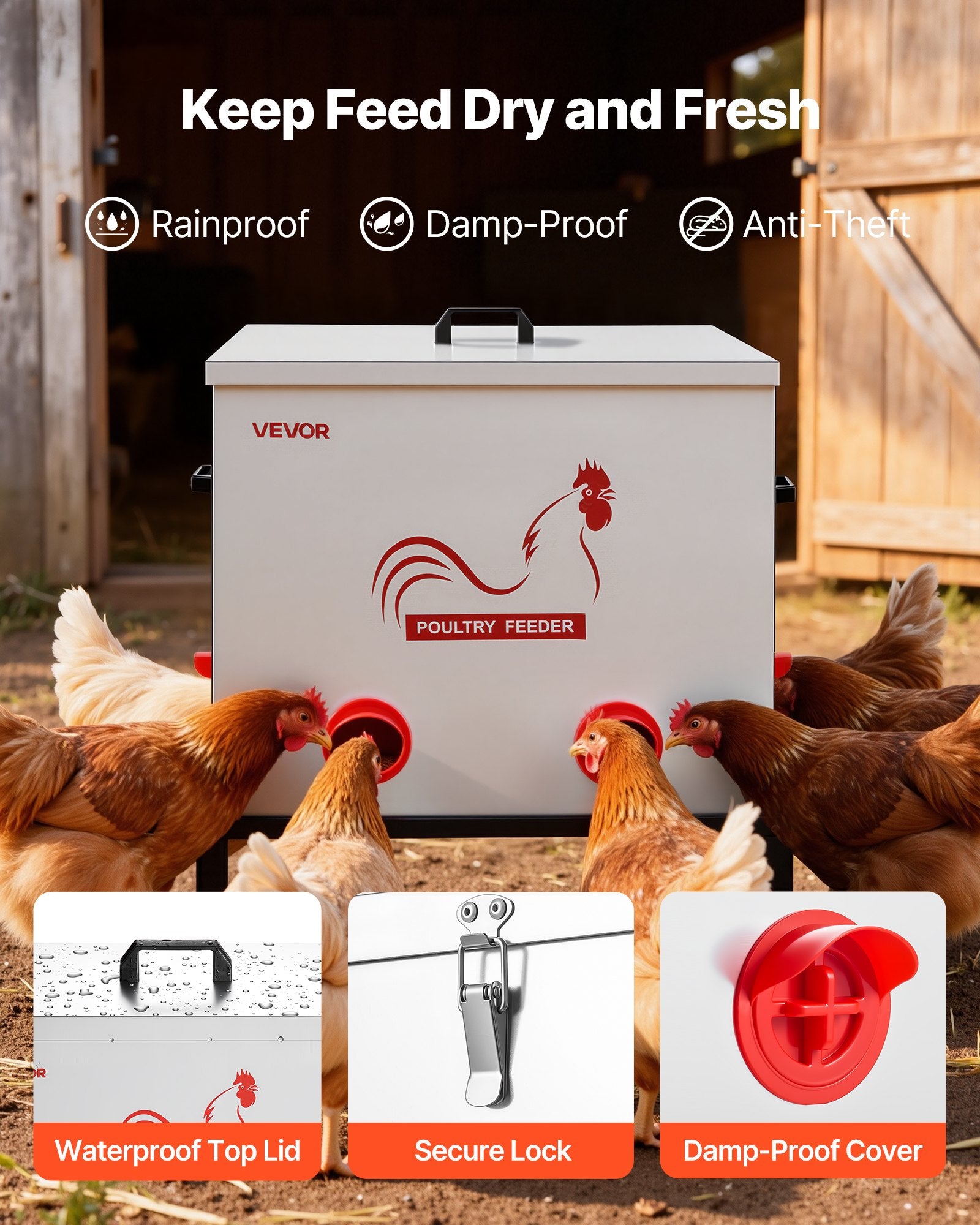 Automatic Chicken Feeder, 38.56 kg Capacity, 6 Feeding Ports No-Waste Poultry Feeder with Built-In Divider, V952-JQWLQ85LBS6KPAOVX001V0