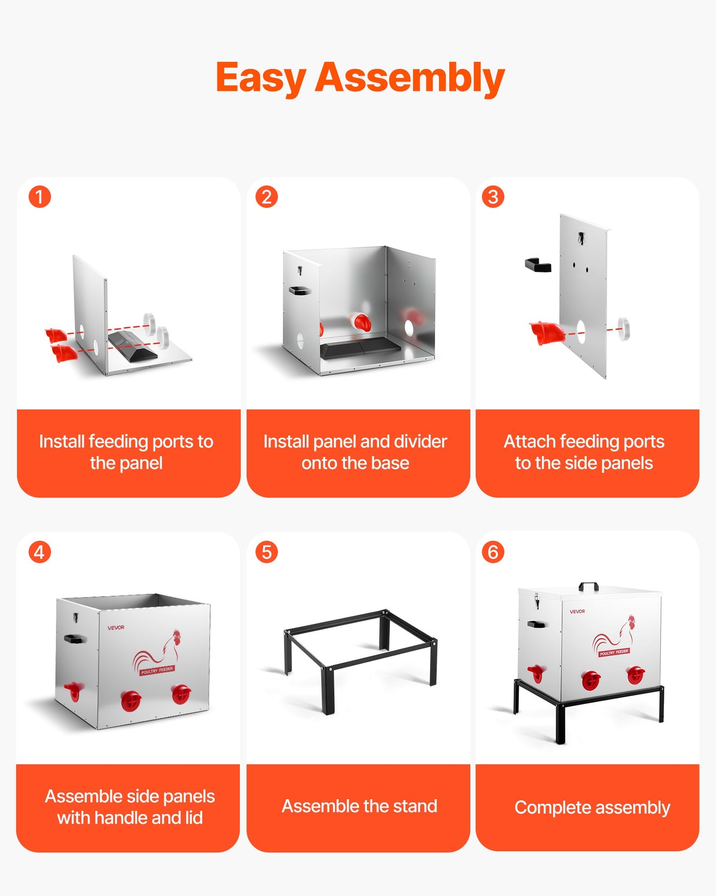 Automatic Chicken Feeder, 38.56 kg Capacity, 6 Feeding Ports No-Waste Poultry Feeder with Built-In Divider, V952-JQWLQ85LBS6KPAOVX001V0