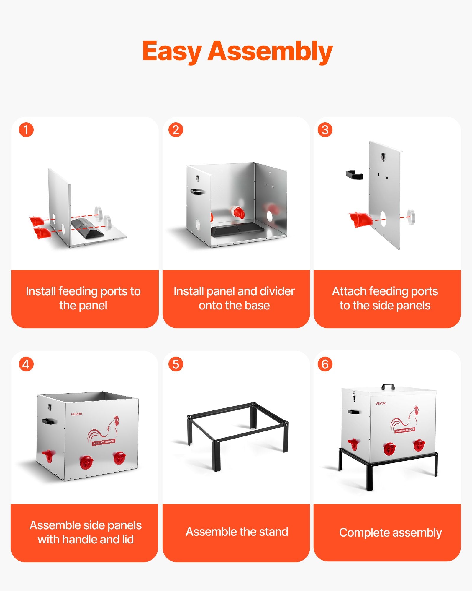 Automatic Chicken Feeder, 38.56 kg Capacity, 6 Feeding Ports No-Waste Poultry Feeder with Built-In Divider, V952-JQWLQ85LBS6KPAOVX001V0