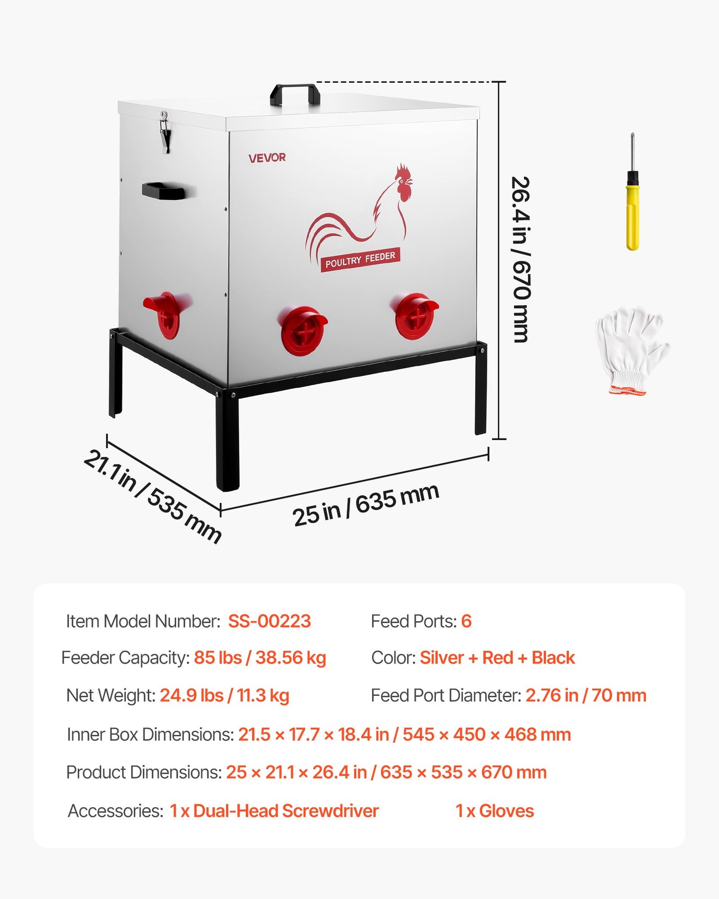 Automatic Chicken Feeder, 38.56 kg Capacity, 6 Feeding Ports No-Waste Poultry Feeder with Built-In Divider, V952-JQWLQ85LBS6KPAOVX001V0