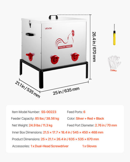 Automatic Chicken Feeder, 38.56 kg Capacity, 6 Feeding Ports No-Waste Poultry Feeder with Built-In Divider, V952-JQWLQ85LBS6KPAOVX001V0