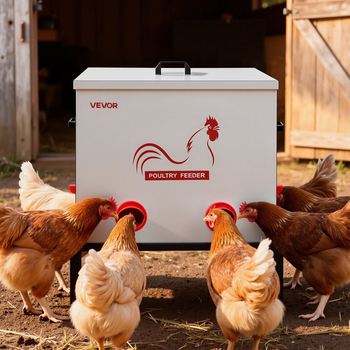 Automatic Chicken Feeder, 38.56 kg Capacity, 6 Feeding Ports No-Waste Poultry Feeder with Built-In Divider, V952-JQWLQ85LBS6KPAOVX001V0