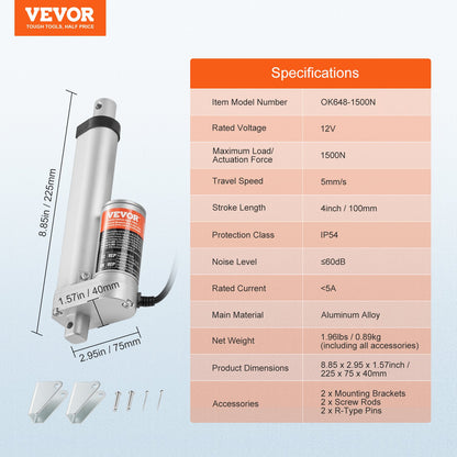 Linear Actuator 12V, 4 Inch High Load 330lbs/1500N Linear Actuator, 0.19"/s Linear Motion Actuator with V952-JQXXXZXQ4INC24AIKV9