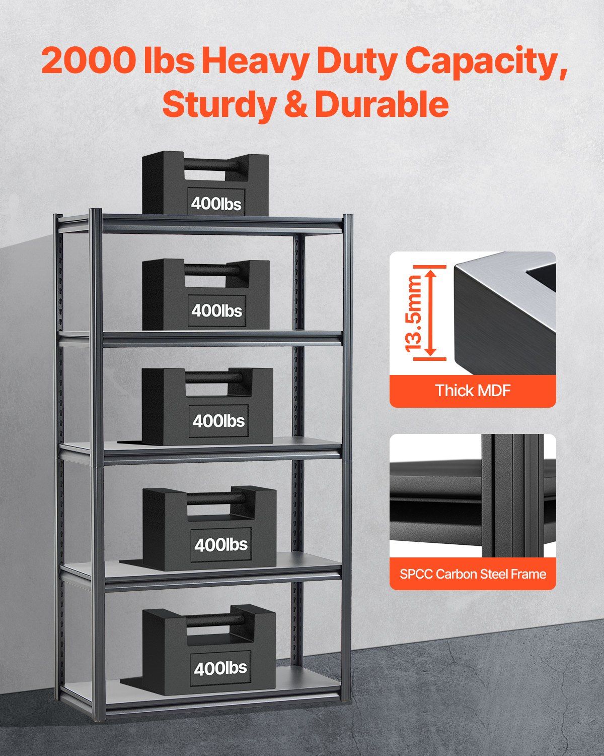 Storage Shelves, 2000 lbs, 5 Tier Garage Storage Shelving, 18" D x 40" W x 72" H Adjustable Metal Shelves for V952-JSBSXHJ184078VRULV0