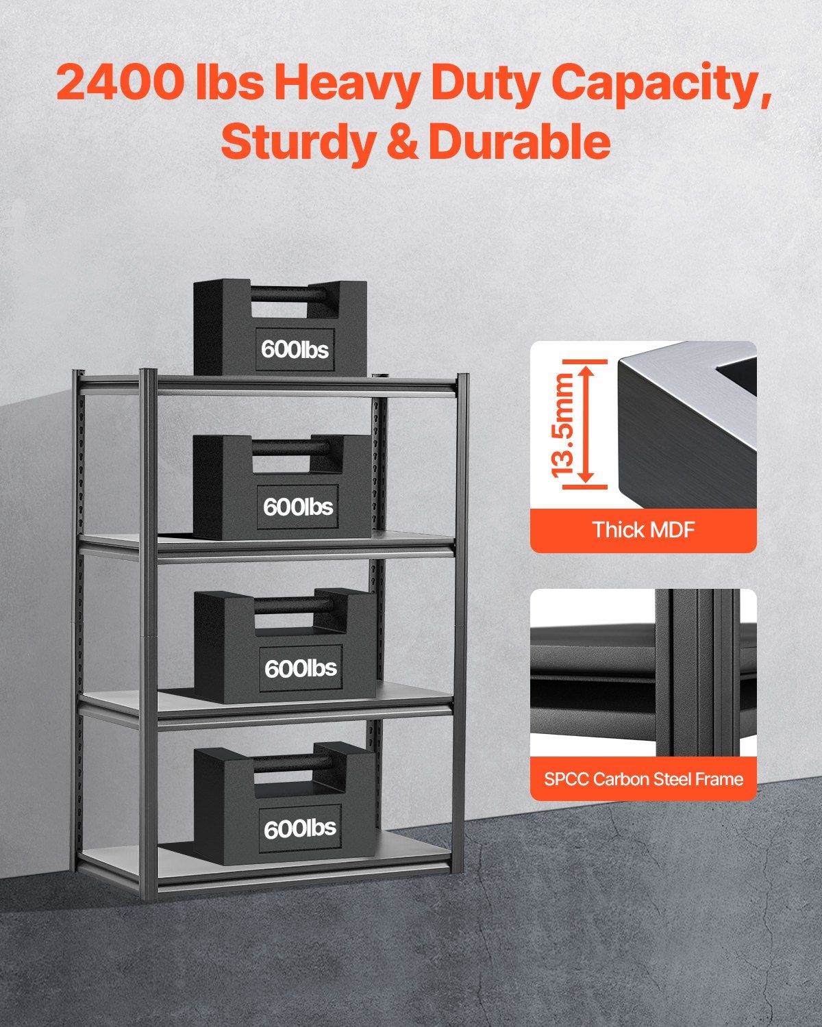 Storage Shelves, 2400 lbs, 4 Tier Garage Storage Shelving, 20" D x 40" W x 57" H Adjustable Metal Shelves for V952-JSBSXHJ20405S2LA2V0