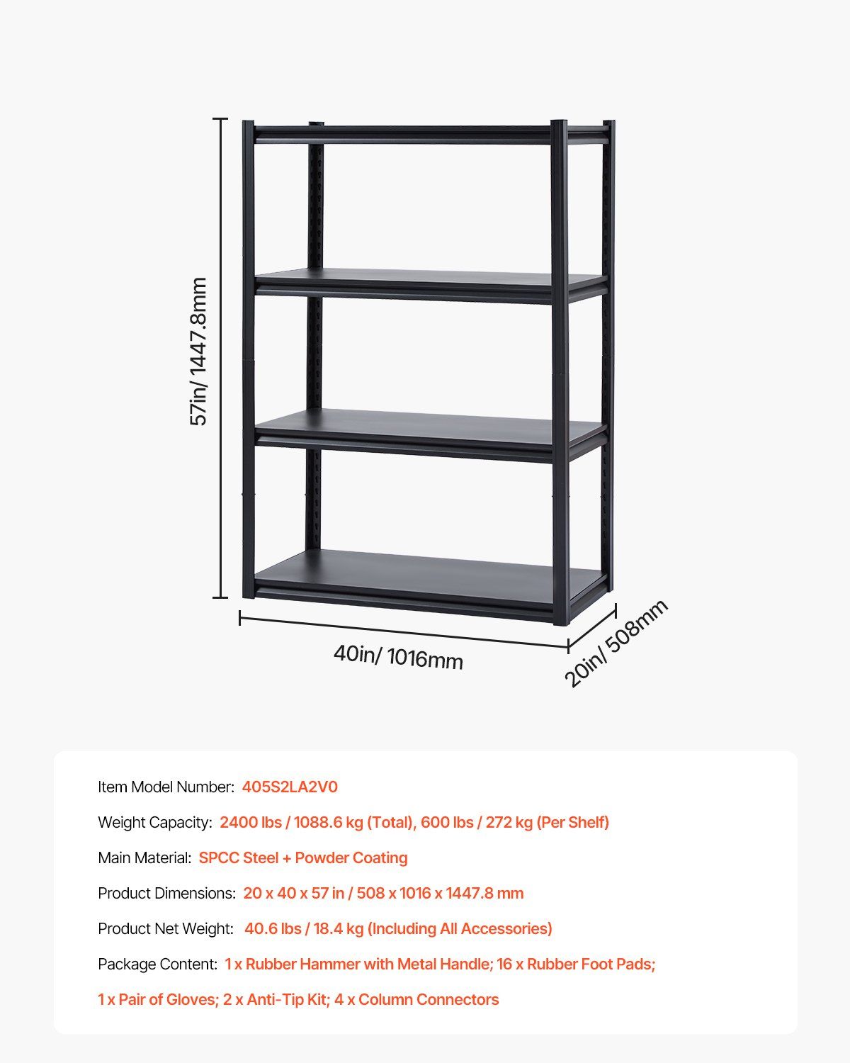 Storage Shelves, 2400 lbs, 4 Tier Garage Storage Shelving, 20" D x 40" W x 57" H Adjustable Metal Shelves for V952-JSBSXHJ20405S2LA2V0