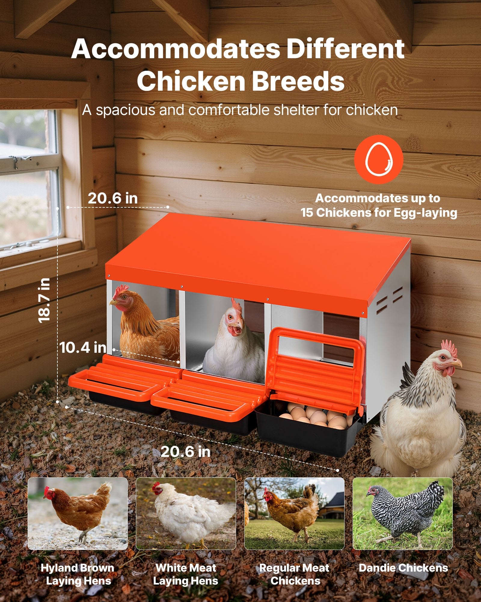Chicken Nest Box, 3-Compartment, 15 to 30 in Stable & Corrosion-Resistant Metal Nesting Boxes with Inclined V952-JSCDX1530INCCC3QIV0