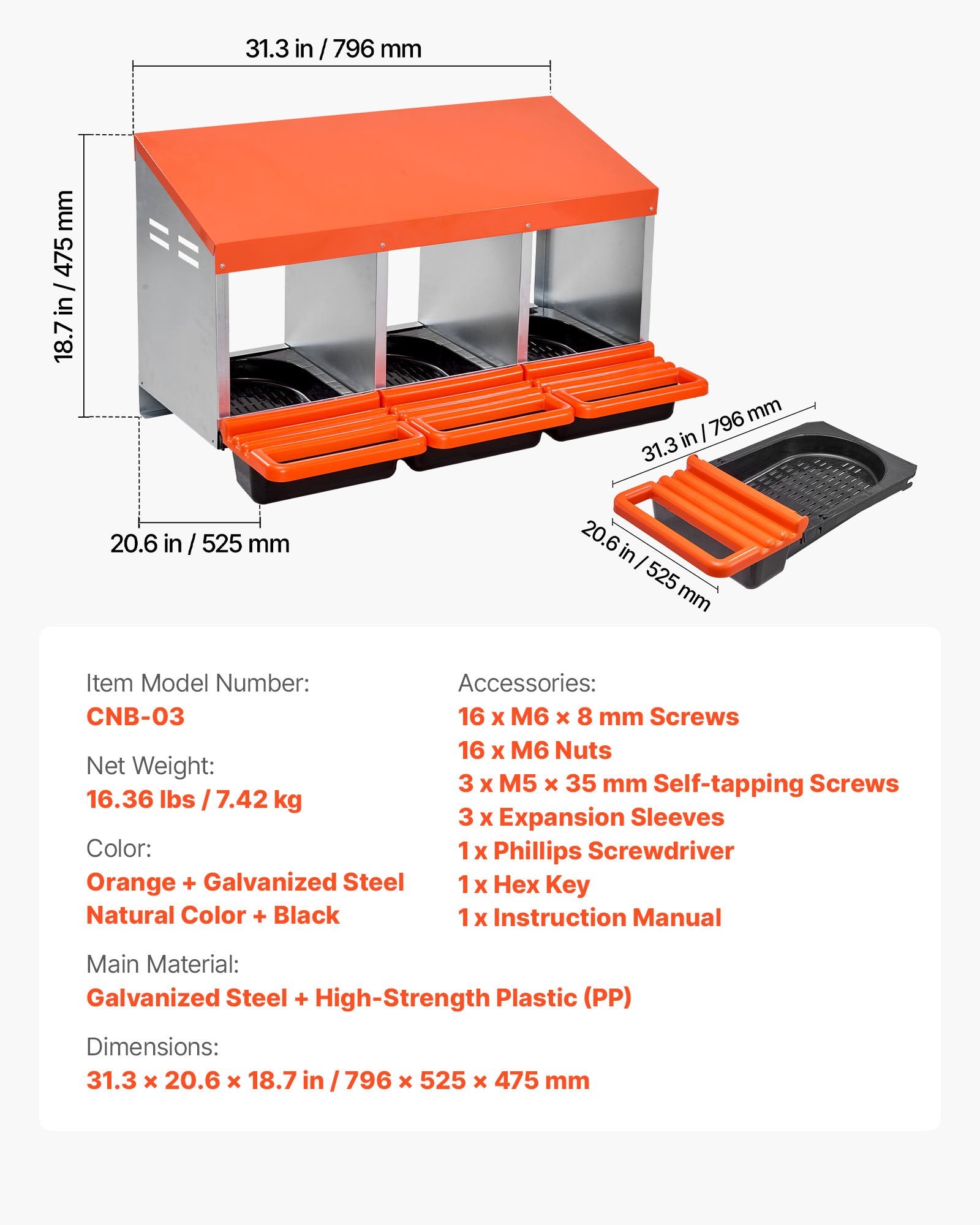 Chicken Nest Box, 3-Compartment, 15 to 30 in Stable & Corrosion-Resistant Metal Nesting Boxes with Inclined V952-JSCDX1530INCCC3QIV0
