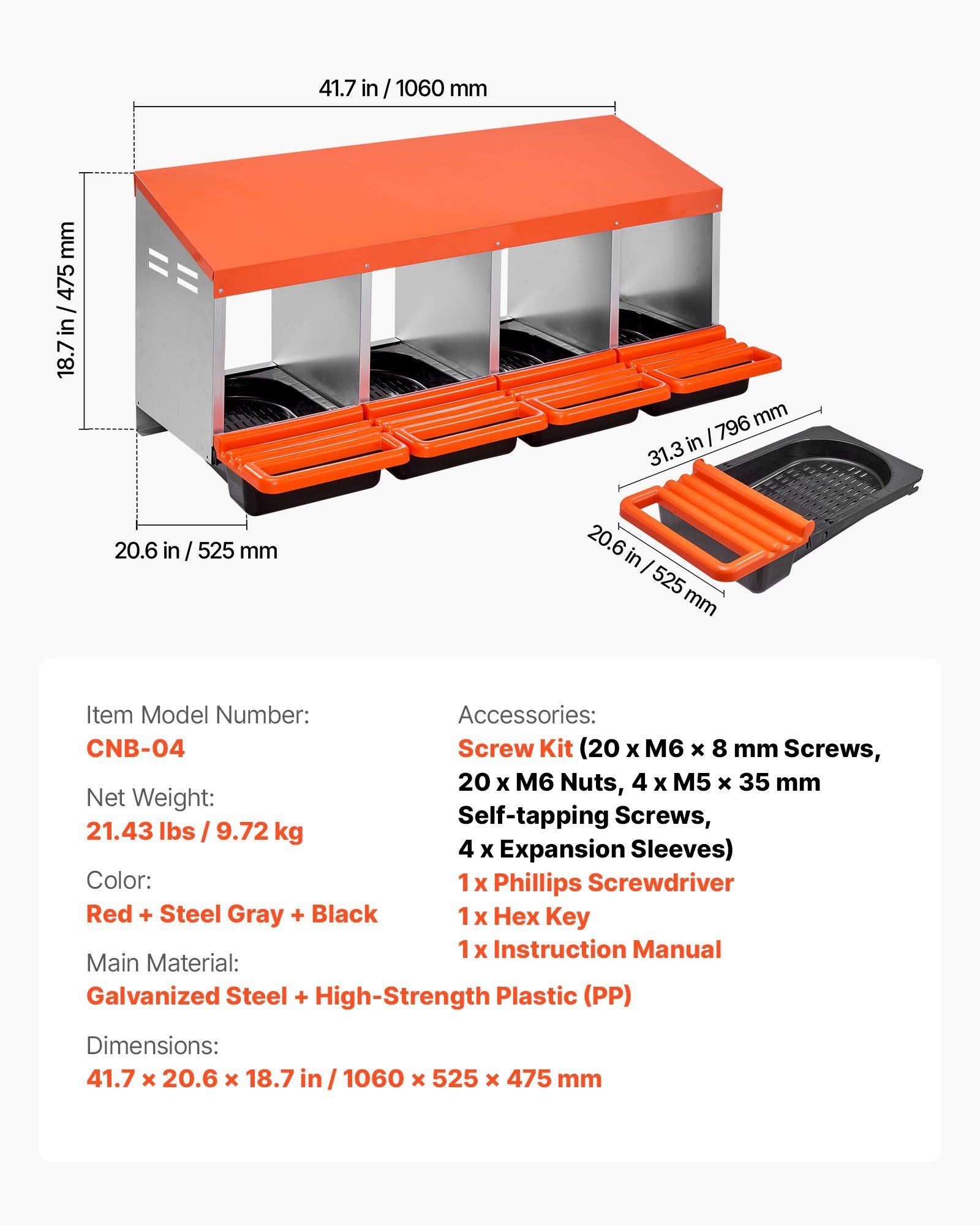 Chicken Nesting Boxes, 4 Compartments, Metal Egg Laying Boxes with Protective Collection Lids, Roll Out V952-JSCDX1530INCI7BMT002V0