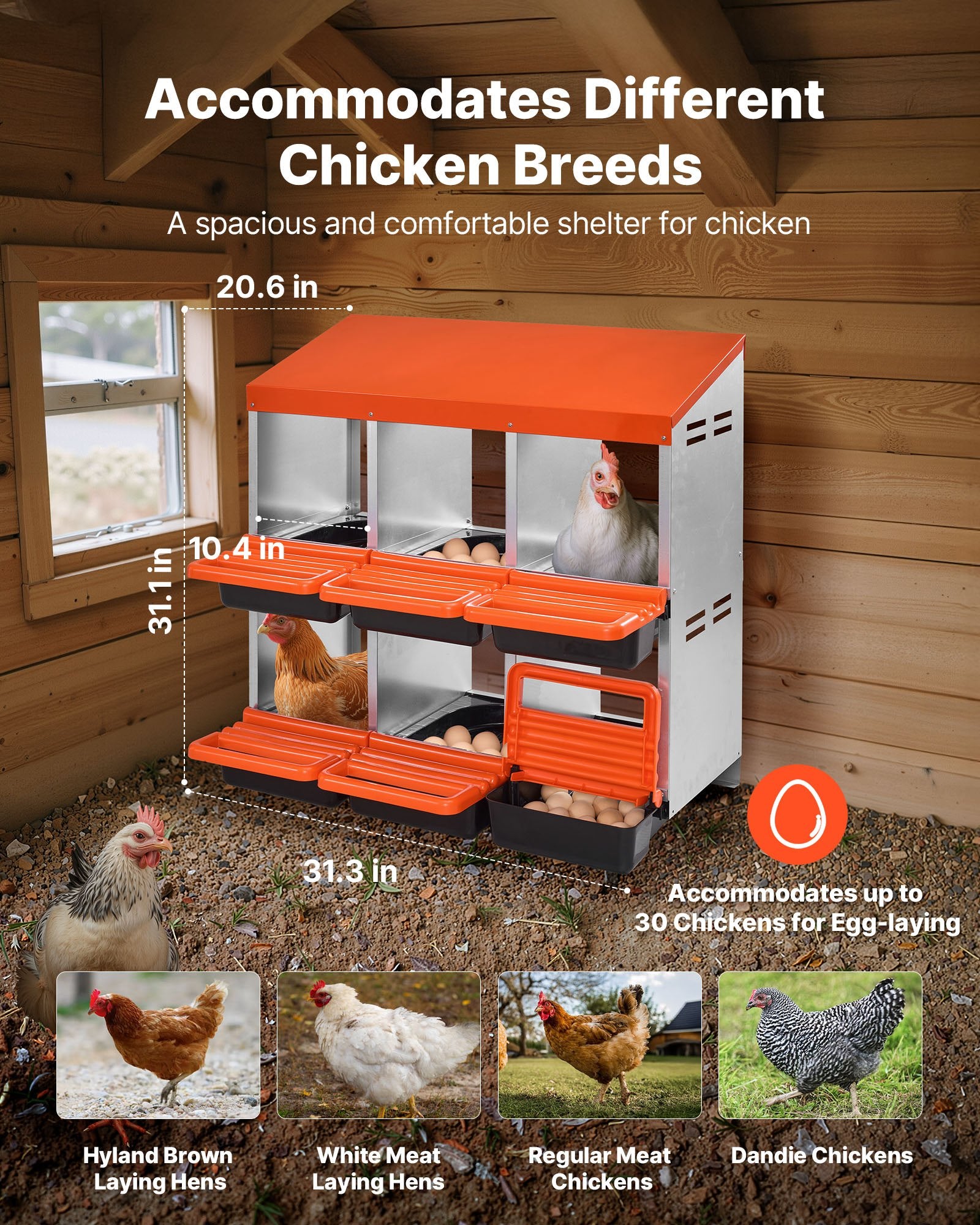 2 Tiers Chicken Nesting Boxes, 6 Compartments, Metal Egg Laying Boxes with Protective Collection Lids, Roll V952-JSCDX3045INC4B35A002V0
