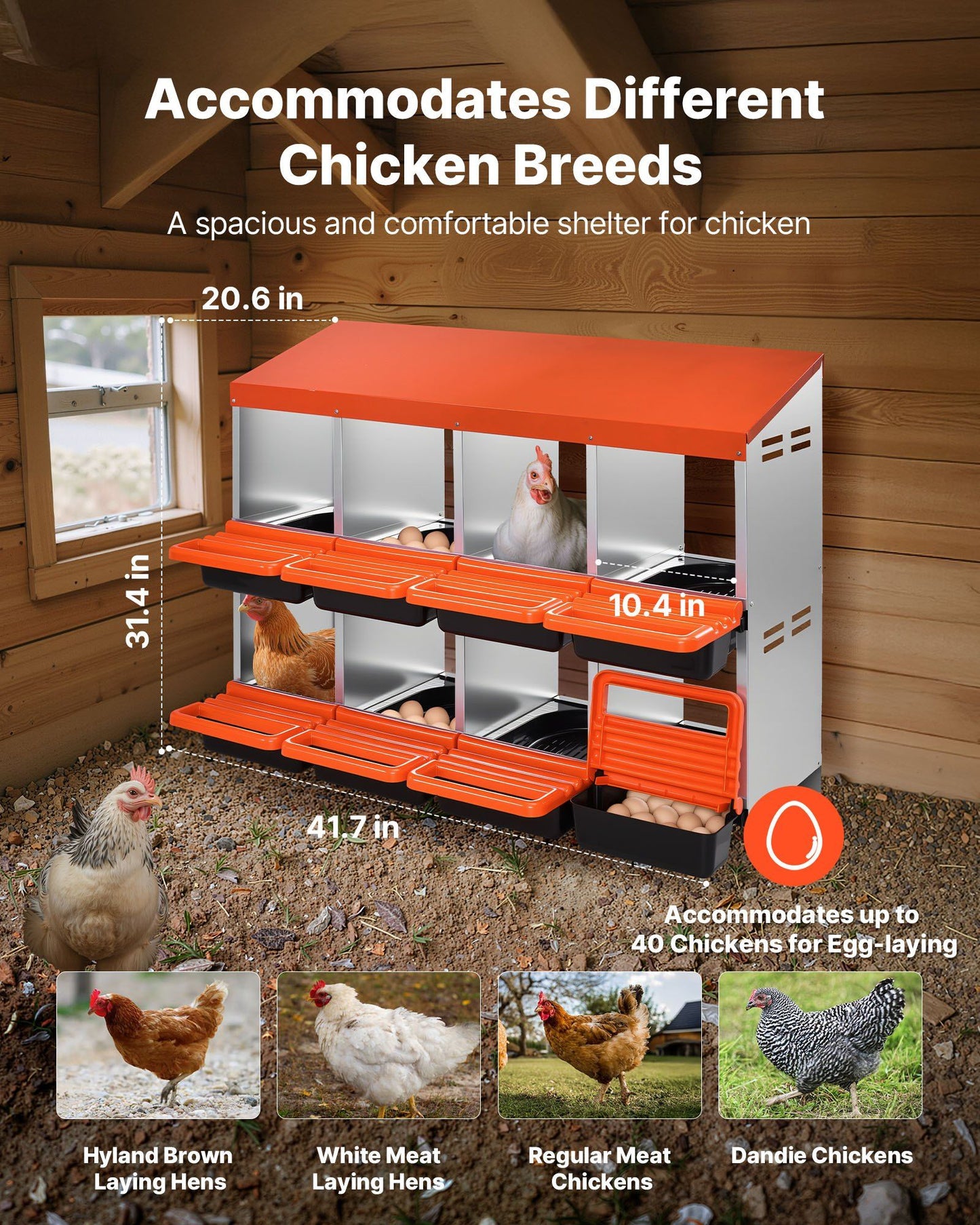 2 Tiers Chicken Nesting Boxes, 8 Compartments, Metal Egg Laying Boxes with Protective Collection Lids, Roll V952-JSCDX3045INCK7SDC002V0