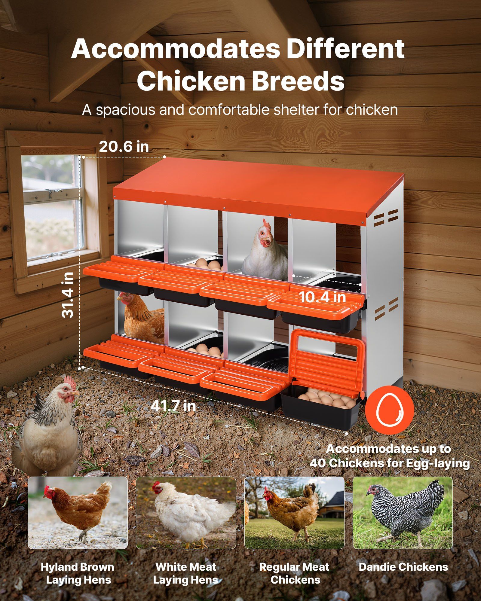 2 Tiers Chicken Nesting Boxes, 8 Compartments, Metal Egg Laying Boxes with Protective Collection Lids, Roll V952-JSCDX3045INCK7SDC002V0