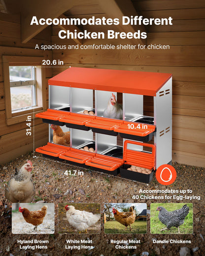 2 Tiers Chicken Nesting Boxes, 8 Compartments, Metal Egg Laying Boxes with Protective Collection Lids, Roll V952-JSCDX3045INCK7SDC002V0