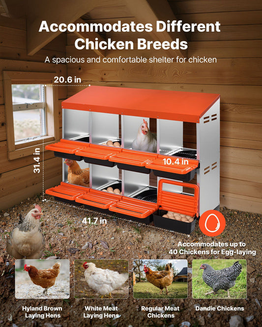2 Tiers Chicken Nesting Boxes, 8 Compartments, Metal Egg Laying Boxes with Protective Collection Lids, Roll V952-JSCDX3045INCK7SDC002V0