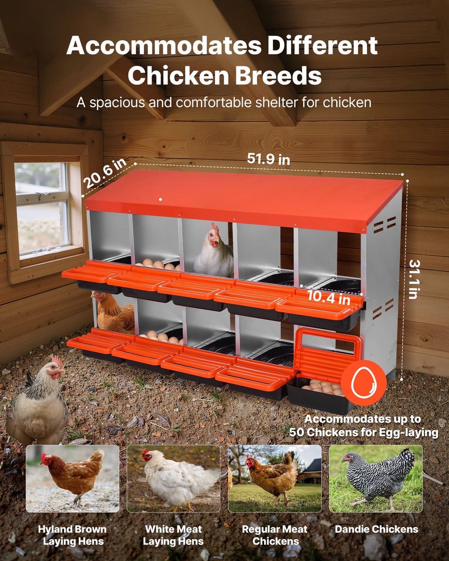 2 Tiers Chicken Nesting Boxes, 10 Compartments, Metal Egg Laying Boxes with Protective Collection Lids, Roll V952-JSCDX3045INCT4Y3W002V0