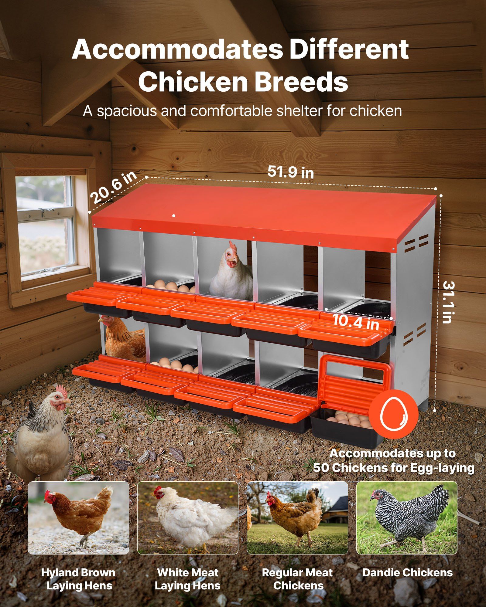 2 Tiers Chicken Nesting Boxes, 10 Compartments, Metal Egg Laying Boxes with Protective Collection Lids, Roll V952-JSCDX3045INCT4Y3W002V0