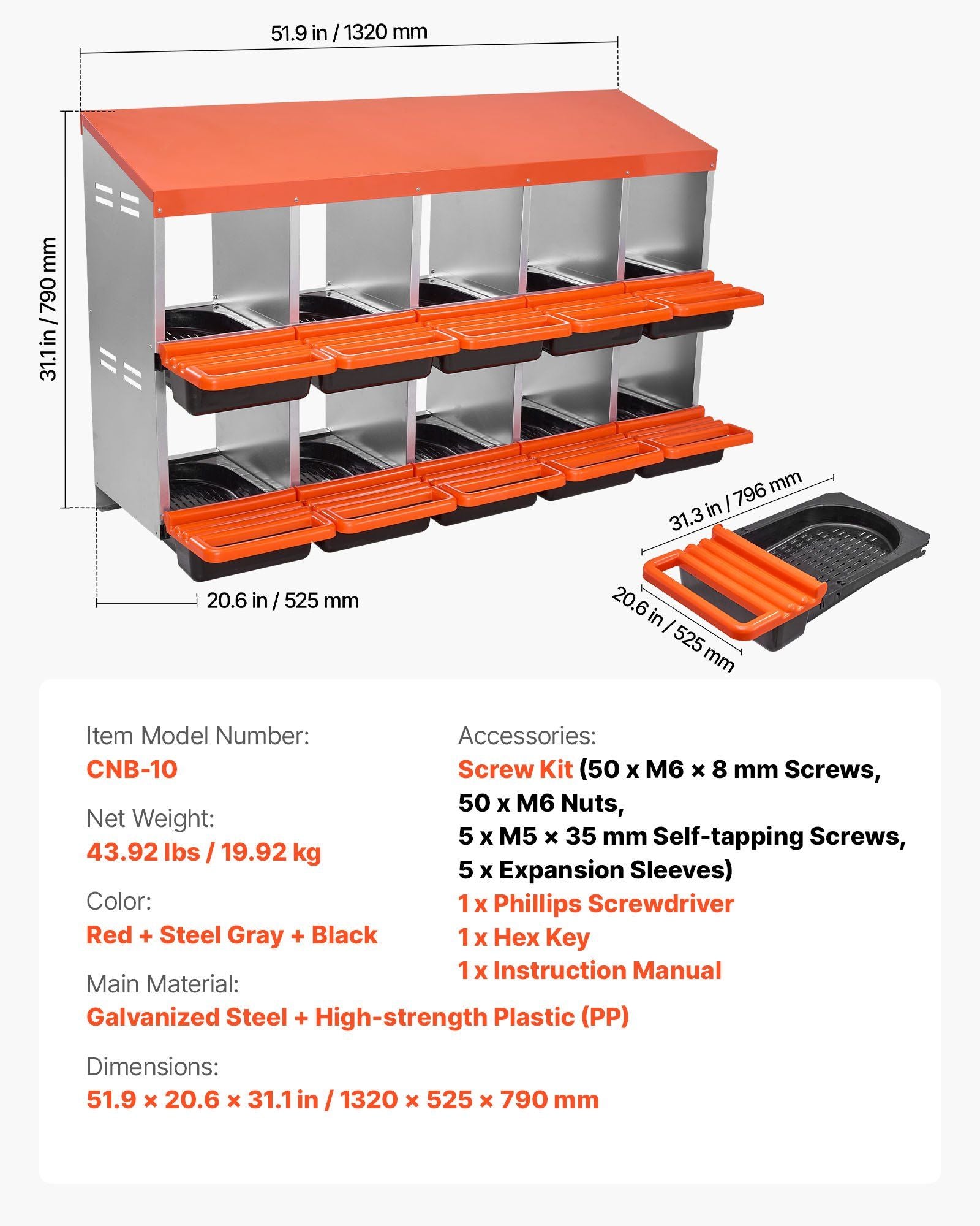 2 Tiers Chicken Nesting Boxes, 10 Compartments, Metal Egg Laying Boxes with Protective Collection Lids, Roll V952-JSCDX3045INCT4Y3W002V0