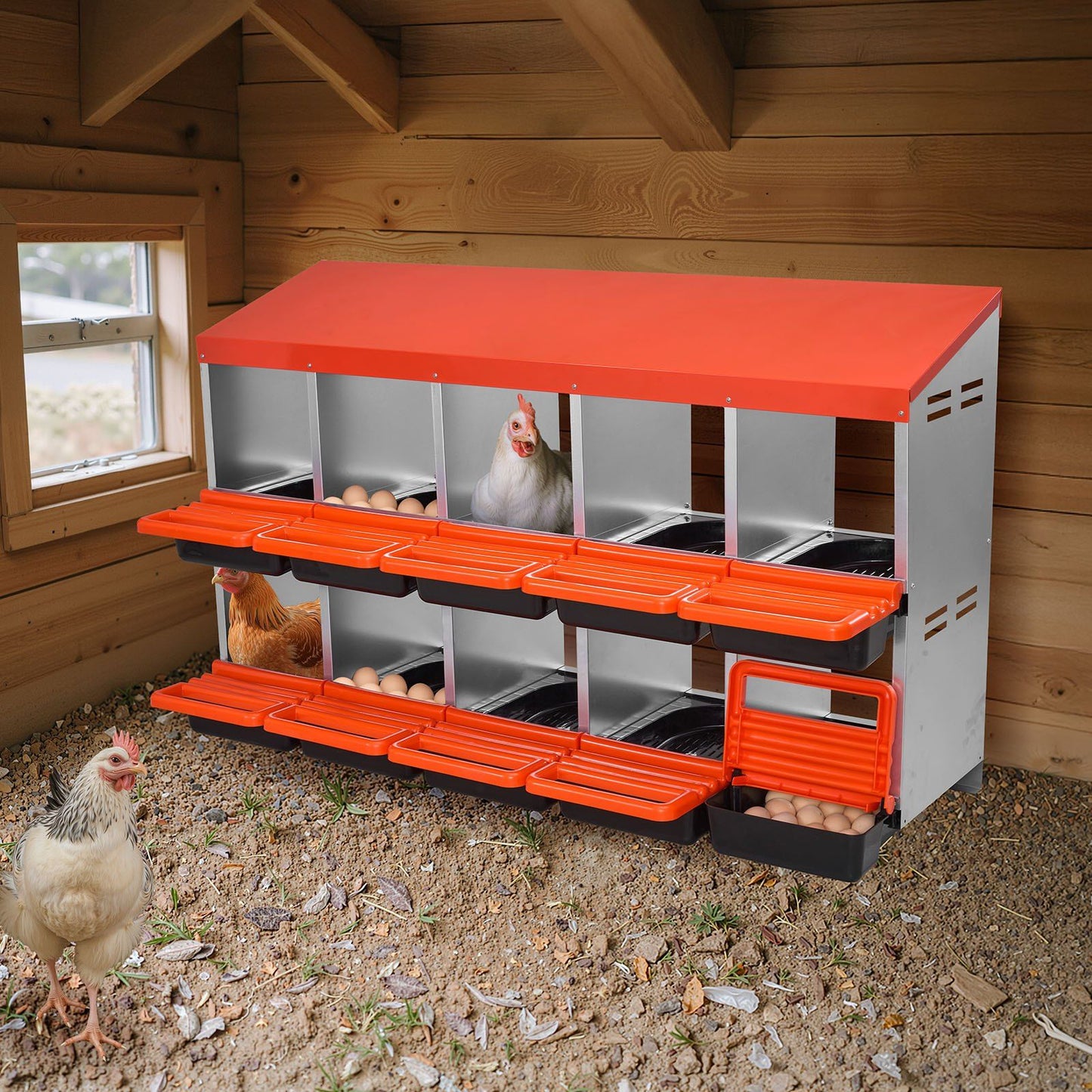 2 Tiers Chicken Nesting Boxes, 10 Compartments, Metal Egg Laying Boxes with Protective Collection Lids, Roll V952-JSCDX3045INCT4Y3W002V0