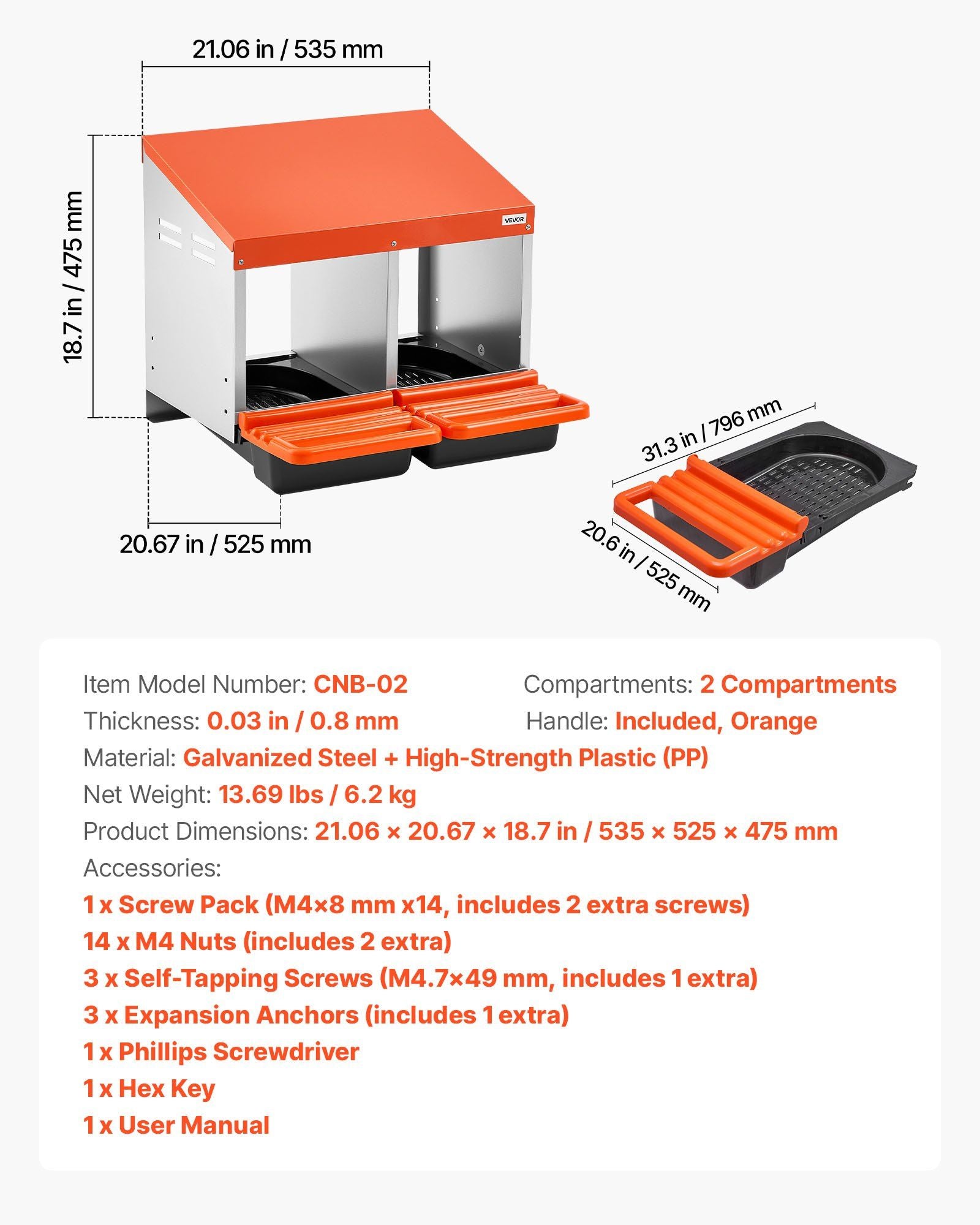 Chicken Nesting Boxes, 2 Compartments, Easy Egg Collection, Wall Mount, Easy to Assemble, Galvanized Steel V952-JSCDXJS2GJ15PZUI4001V0
