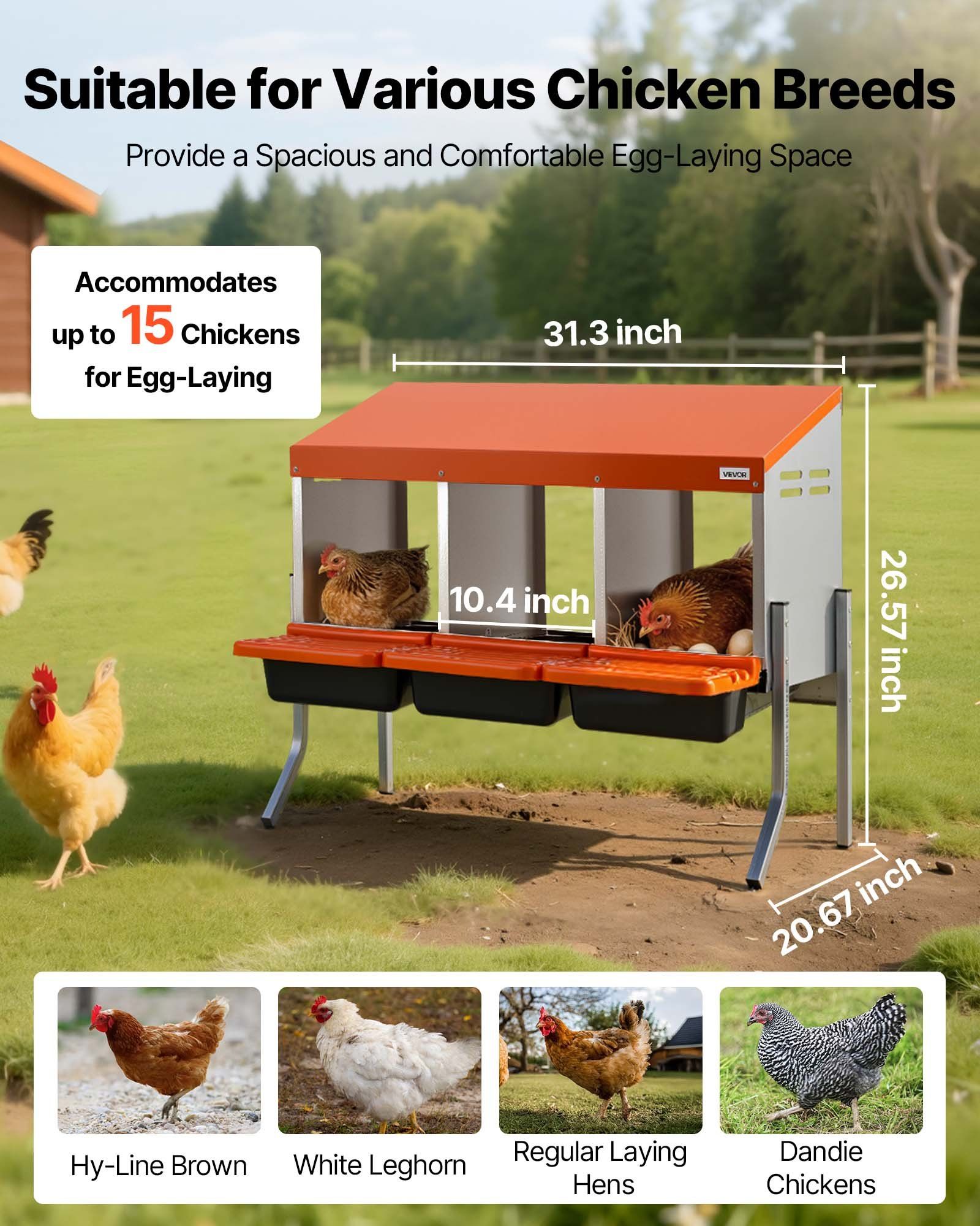 Chicken Nesting Boxes, 3 Compartments, with Support Legs, Easy Egg Collection, Galvanized Steel and V952-JSCDXJS3GJ26OS4A9001V0