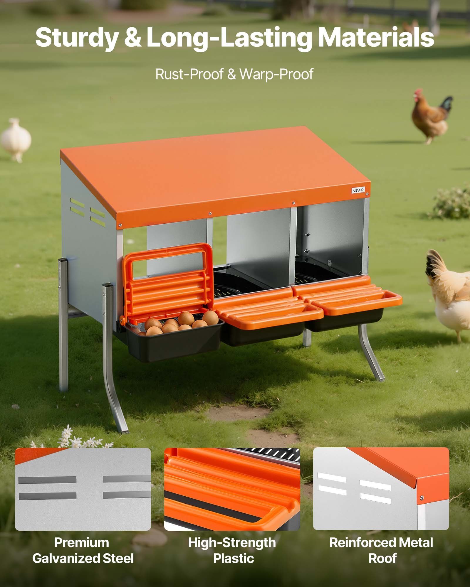 Chicken Nesting Boxes, 3 Compartments, with Support Legs, Easy Egg Collection, Galvanized Steel and V952-JSCDXJS3GJ26OS4A9001V0