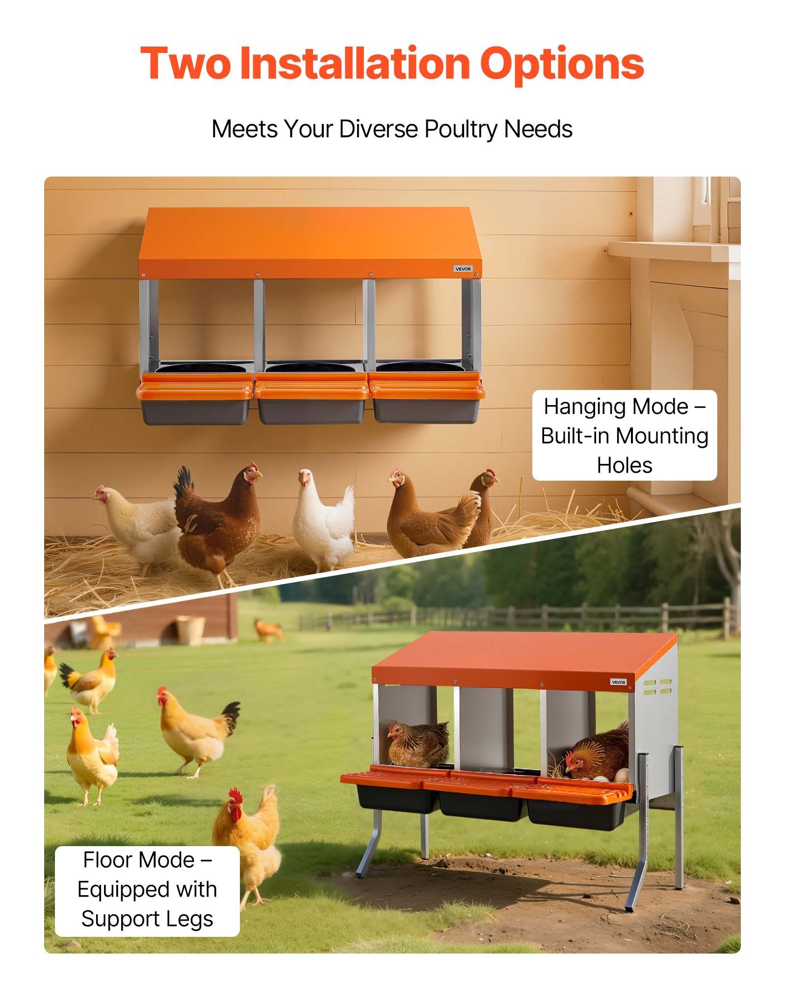 Chicken Nesting Boxes, 3 Compartments, with Support Legs, Easy Egg Collection, Galvanized Steel and V952-JSCDXJS3GJ26OS4A9001V0